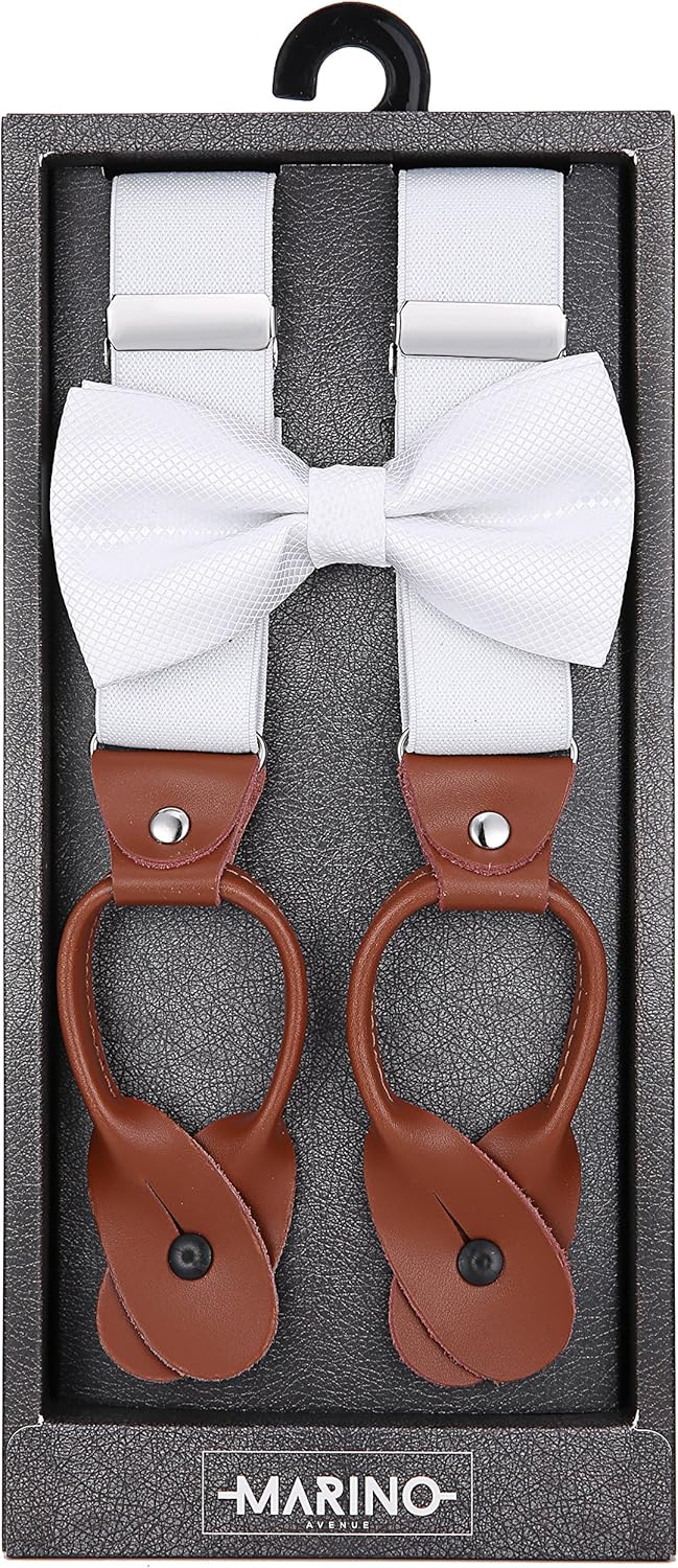 Marino Mens Elastic Fashion Suspenders 1.25" Wide with Genuine Leather Double Button Loops, and Polyester Bow Tie Set - White -Large