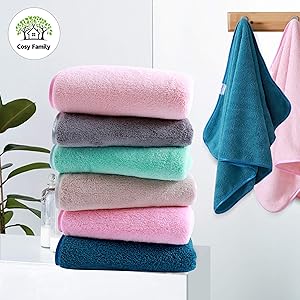 Cosy Family 6 Pack Ultra Soft Microfiber Absorbent Hand Towel, Silk Hemming Towels for Bathroom - Quick Drying - Perfect for Bath, Fitness, Gym, Shower, Hotel, and Spa - 16x28 Inch, Light Color