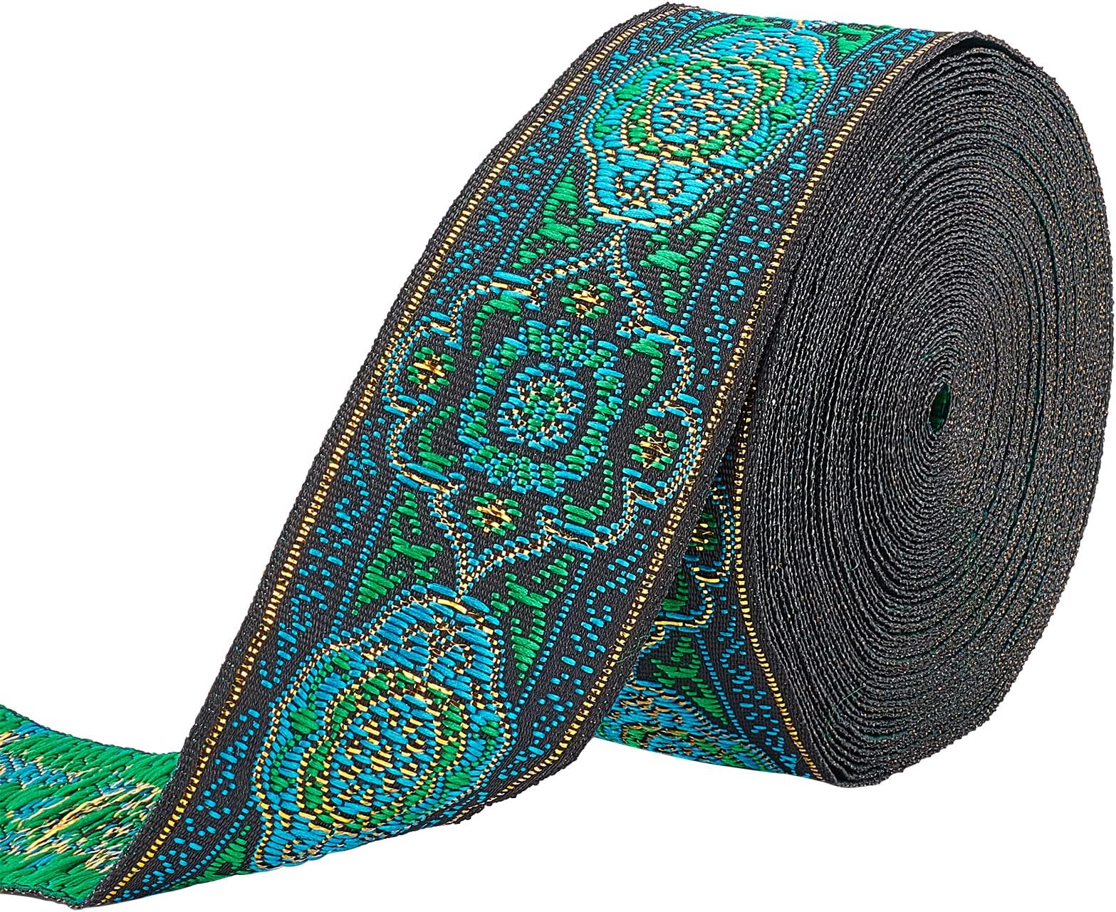 FINGERINSPIRE 7m Green Vintage Jacquard Ribbon 33mm Wide Emobridered Woven Ribbon Fabric Trim Fringe for DIY Clothing Accessories Embellishment St Patrick's Day Spring Decorations