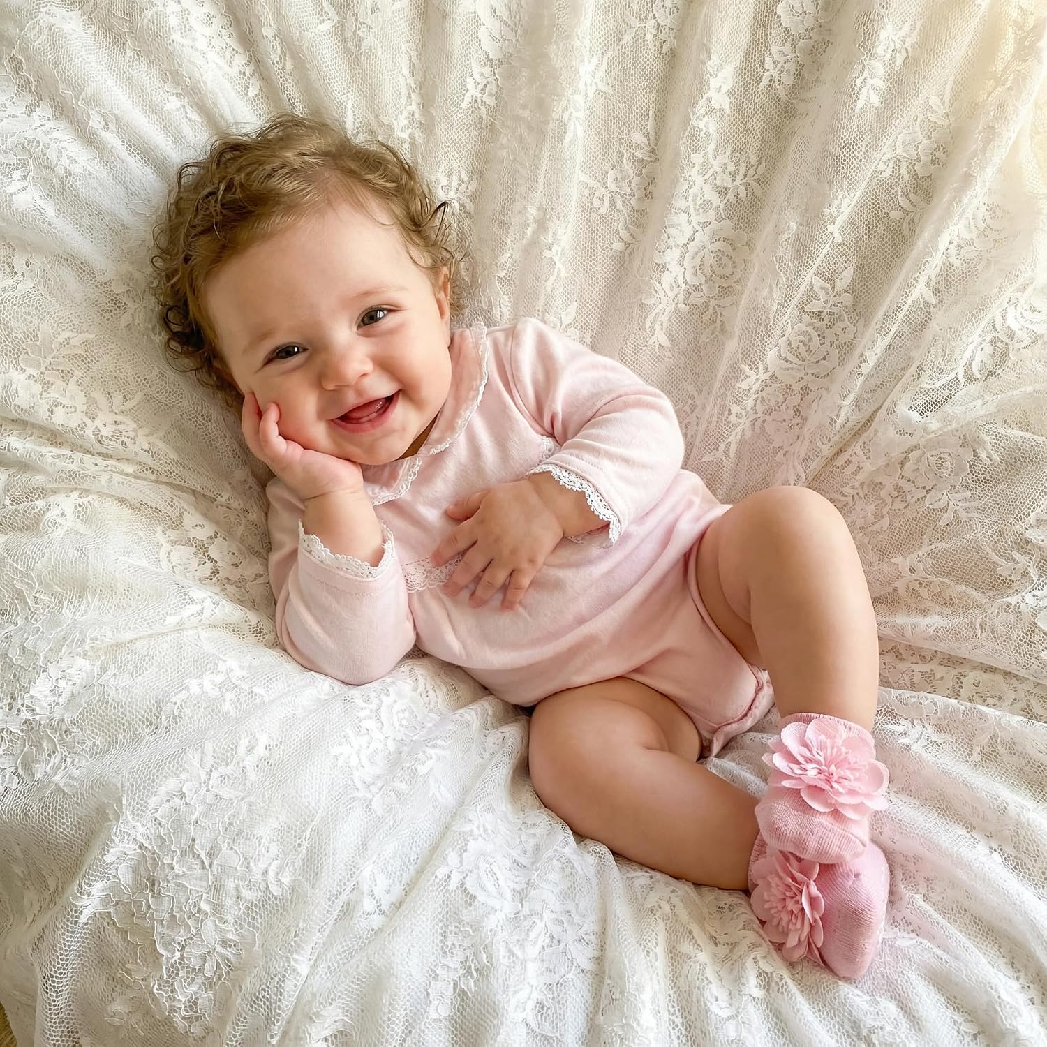 Baby Girl Socks with Non-Slip Grips, 4 Pairs Cute Soft Cotton Breathable Flower Infant Ankle Socks for Newborn