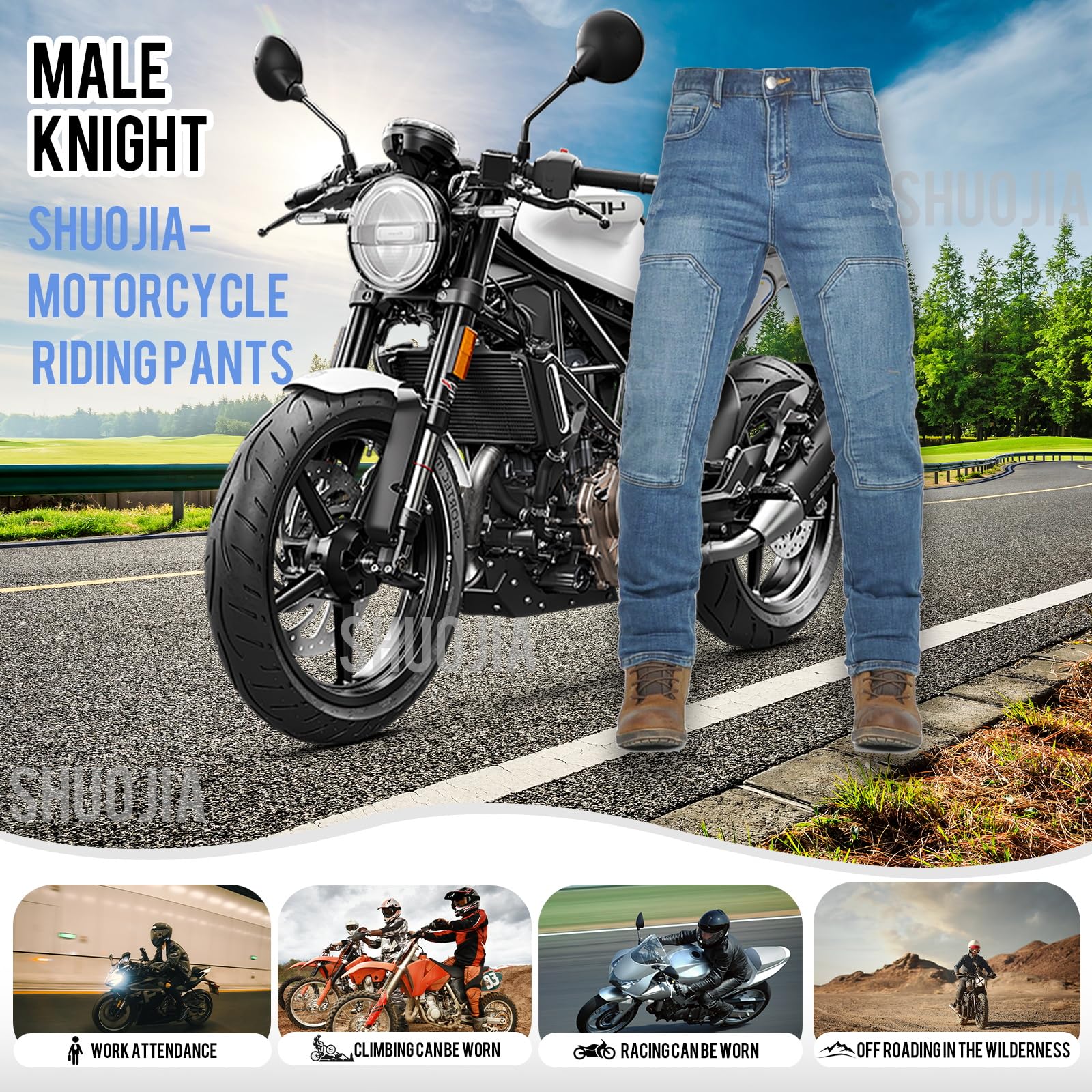Uomo Moto Pantaloni Jeans Rinforzano Pantaloni da Moto da Ciclismo Jeans da Motociclista Elasticizzati con 4 Protezioni (Blue-B,3XL)
