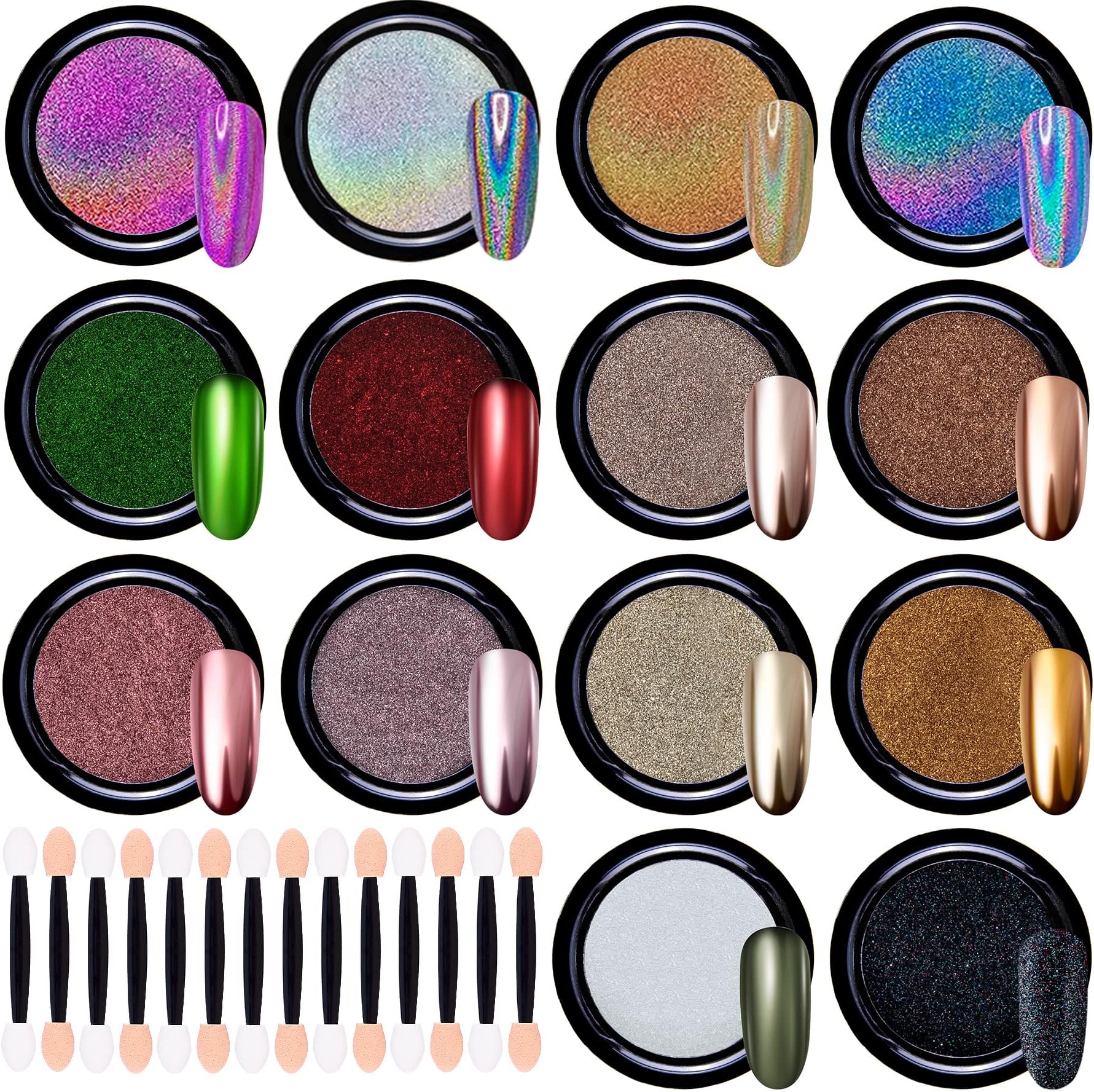 14 Jars Nail Chrome Powder Metallic Mirror Effect Nail Powder 1g/Jar with 14 Pcs Eyeshadow Sticks, 14 Colours