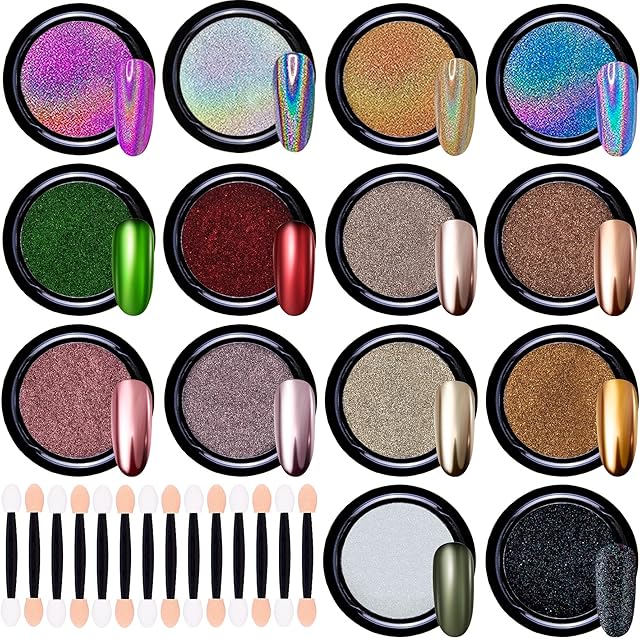 Duufin 14 Jars Nail Art Powder Metallic Chrome Nail Powder 1g/Jar Mirror Effect Nail Powder with 14 Pcs Eyeshadow Sticks, 14 Colours