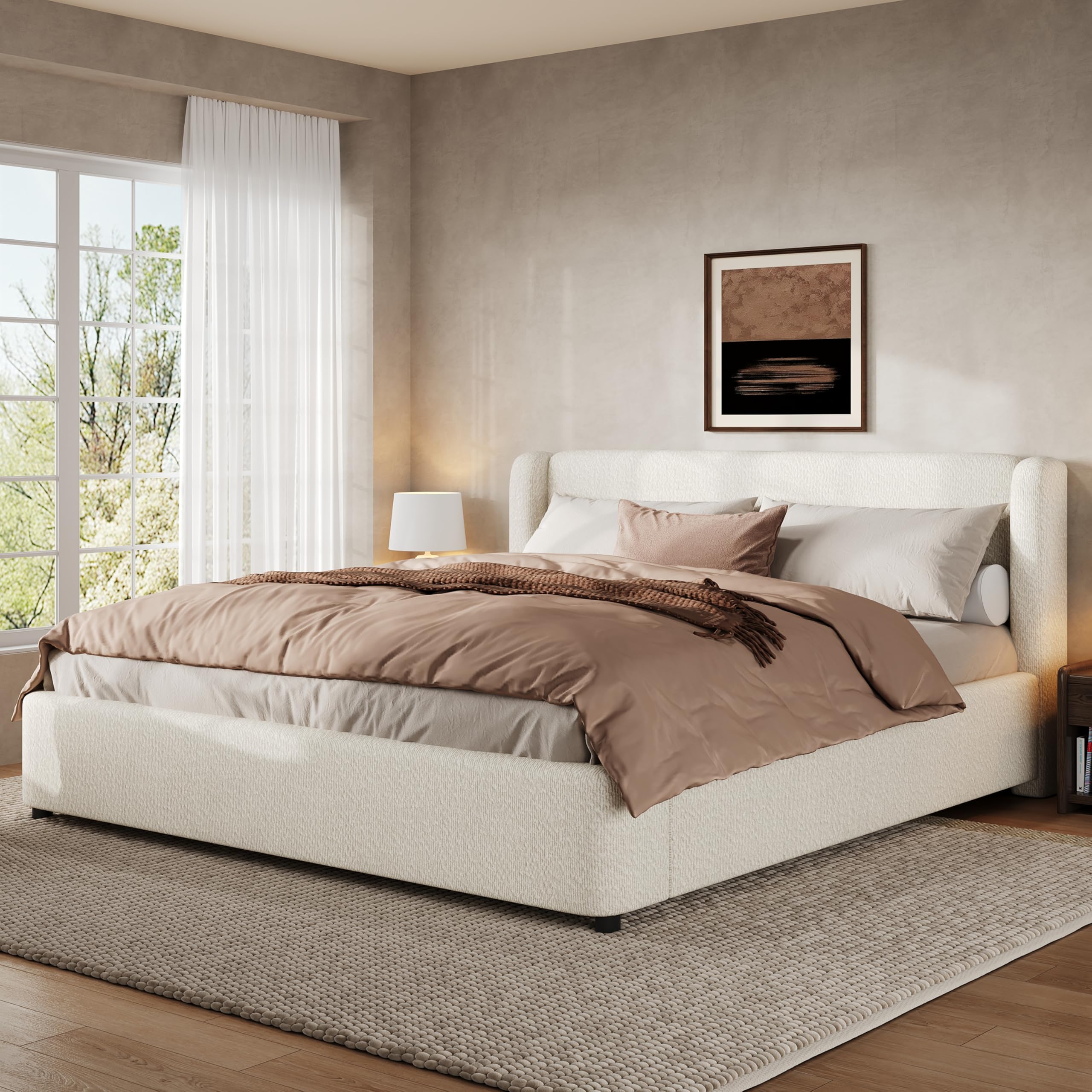 Merax King Size Upholstered Platform Bed Frame and Wingback Headboard, Modern White Boucle Fabric King Bedframe with Solid Wood Legs, No Box Spring