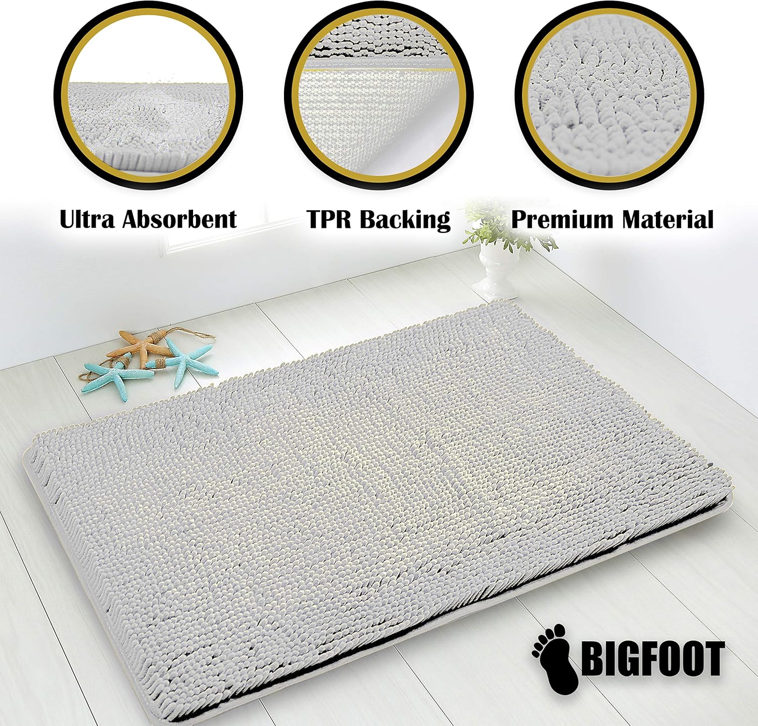 BIGFOOT Luxury Chenille Bathroom Rug Mat 30 x 20, Extra Soft and Absorbent Shaggy Rugs, Non Slip, Machine Wash Dry, Perfect Carpet Mats for Tub, Shower and Bathroom Washable, Light Gray