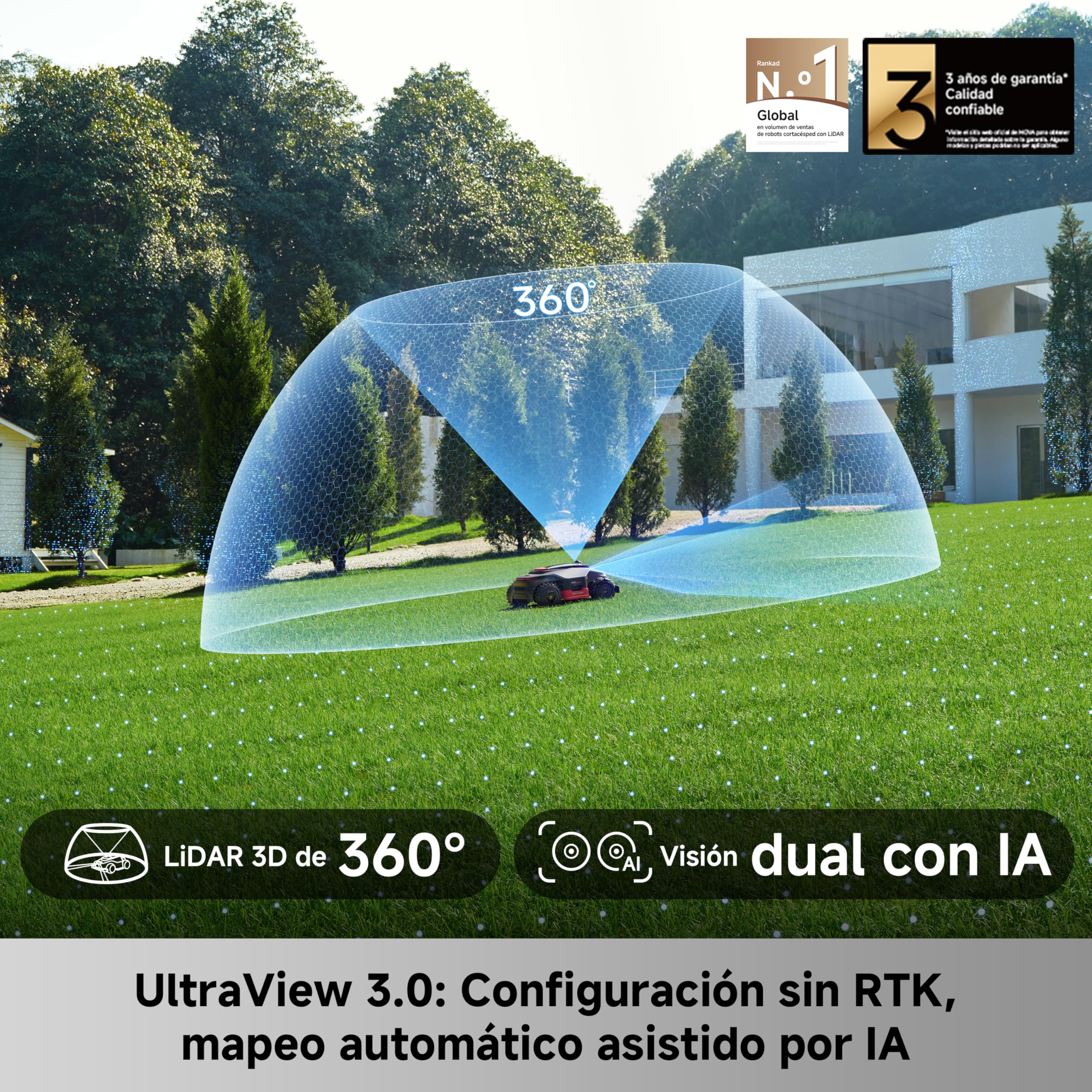 MOVA LiDAX Ultra 2000 AWD, Robot cortacésped, sin RTK, mapeo automático asistido por IA, LiDAR 3D de 360° y visión Dual con IA, AWD a 36 V para cuestas del 80%, 2 Discos (6 Cuchillas Cada uno)