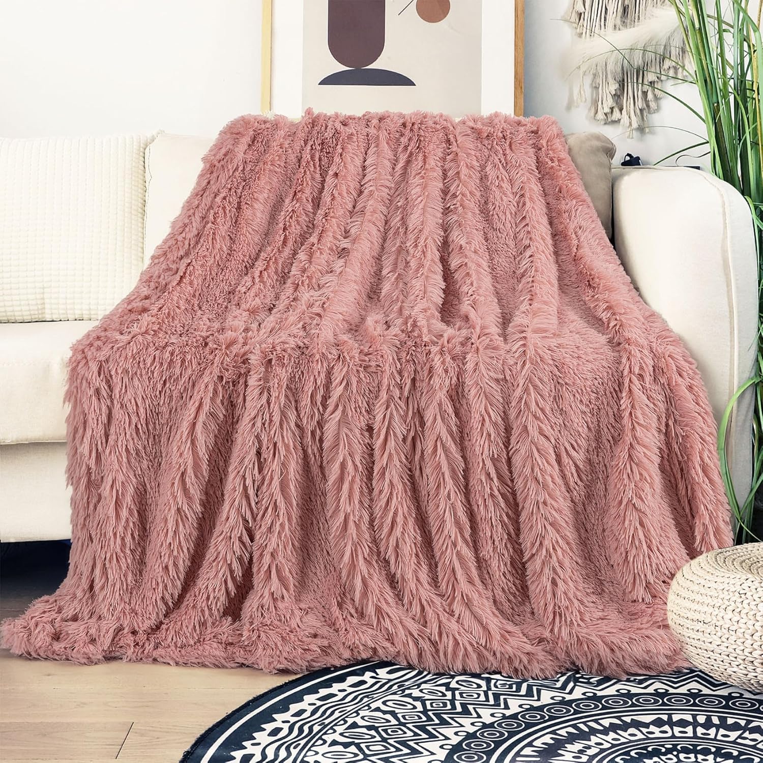 Tuddrom Decorative Extra Soft Faux Fur Blanket Twin Size 70" x 78",Solid Reversible Fuzzy Long Hair,Fluffy Cozy Plush Fleece Comfy Microfiber Blanket for Couch Sofa Bed,Peach Whip - Image 2