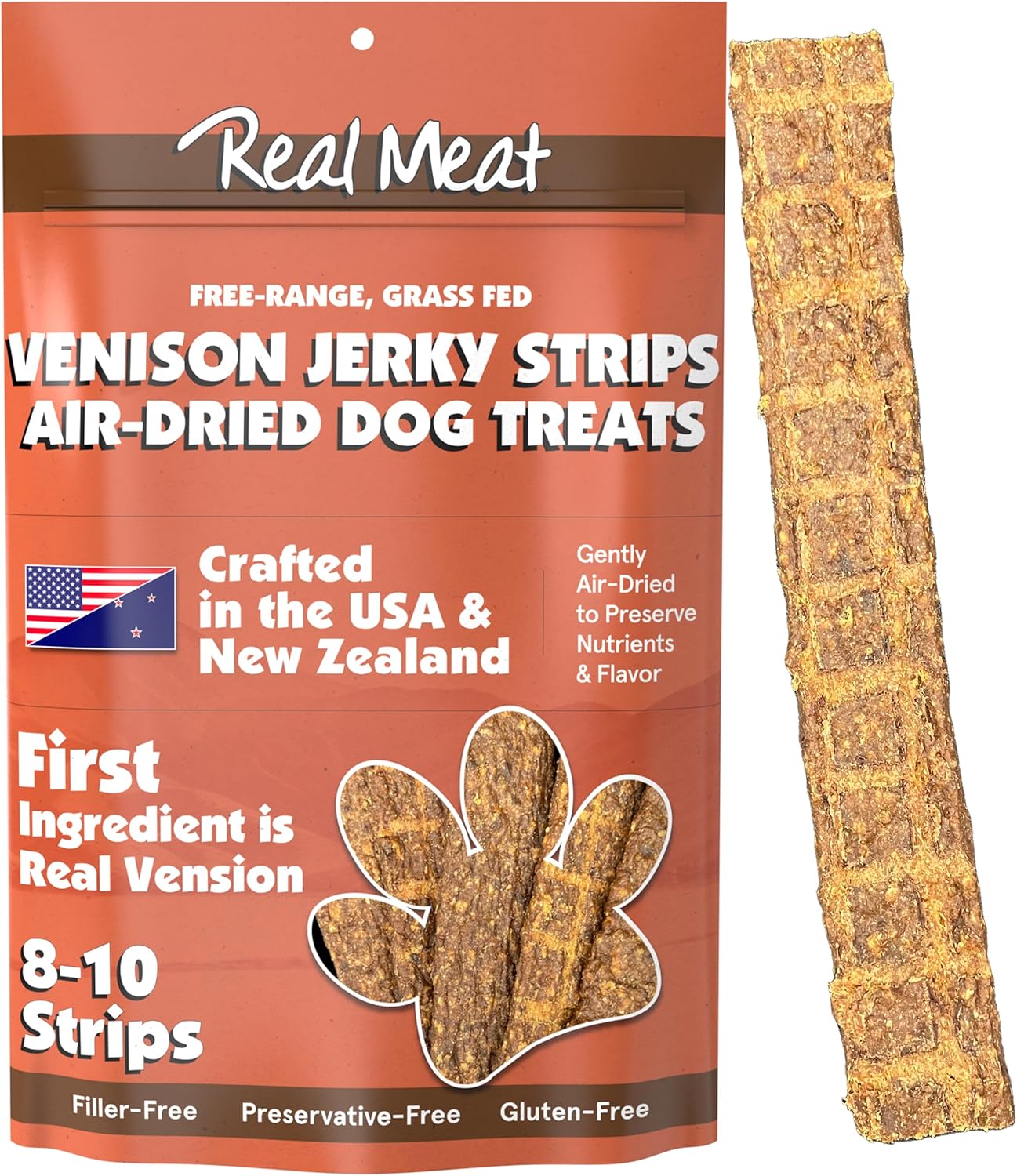 TRMC Real Meat Venison Jerky Dog Treats - 8 Air-Dried Strips of Jerky Treats - Grain-Free Pet Snacks with 95% Free-Range Grass Fed Venison - All-Natural