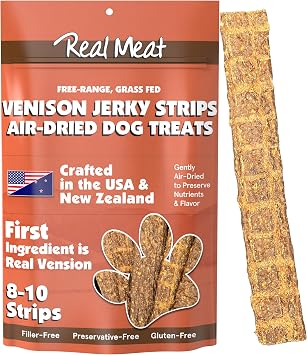 TRMC Real Meat Venison Jerky Dog Treats - 8 Air-Dried Strips of Jerky Treats - Grain-Free Pet Snacks with 95% Free-Range Grass Fed Venison - All-Natural