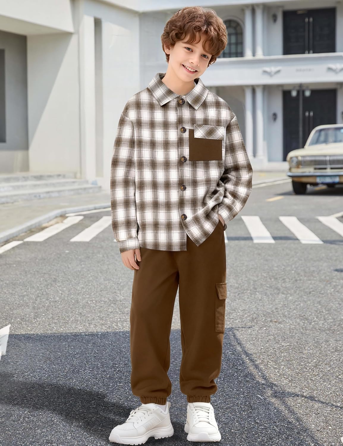 Queenstyle Toddler Boy Clothes 2Pcs Flannel Plaid Shirt and Sweatpants Outfits Fall Winter Boys Clothing for 3-8 Years