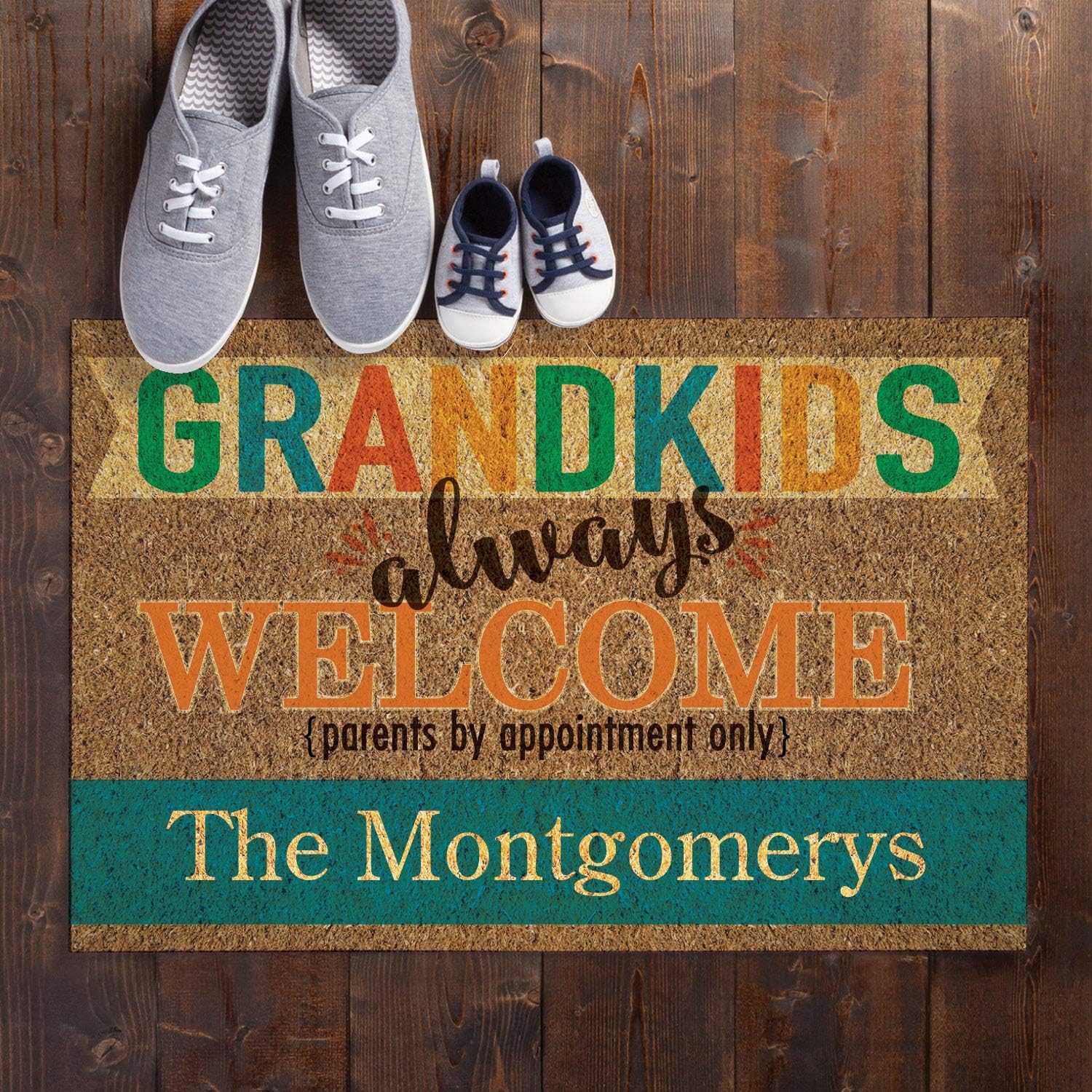Grandkids Always Welcome Personalized Doormat - Brown Entry Door Mat with Name Printing on Durable 1/8" Thick Low Profile Welcome Mat, Indoor Outdoor, Non Slip Rubber Backing, Rectangular, 18x27