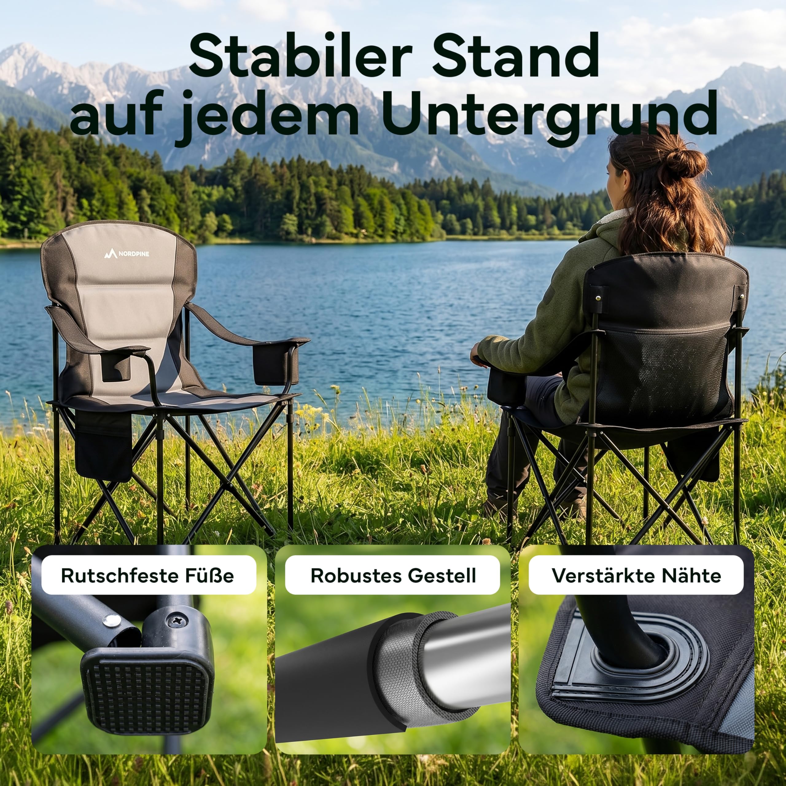 Campingstuhl faltbar bis 250 kg – Stabiler Klappstuhl Camping mit Kühltasche & Getränkehalter – Premium Polsterung & XXL Sitz – Robust & Bequem – Angelstuhl Gartenstuhl inkl. Tragetasche