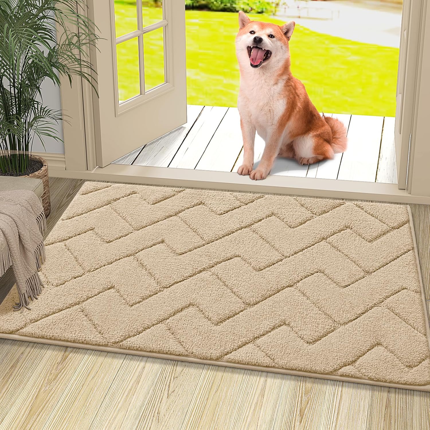 OLANLY Indoor Door Mat, 36x24, Dirt Resistant and Absorbent, Sturdy Non-Slip Rubber Backing, Easy to Clean, Washable Low-Profile Doormat for Entryway, Beige