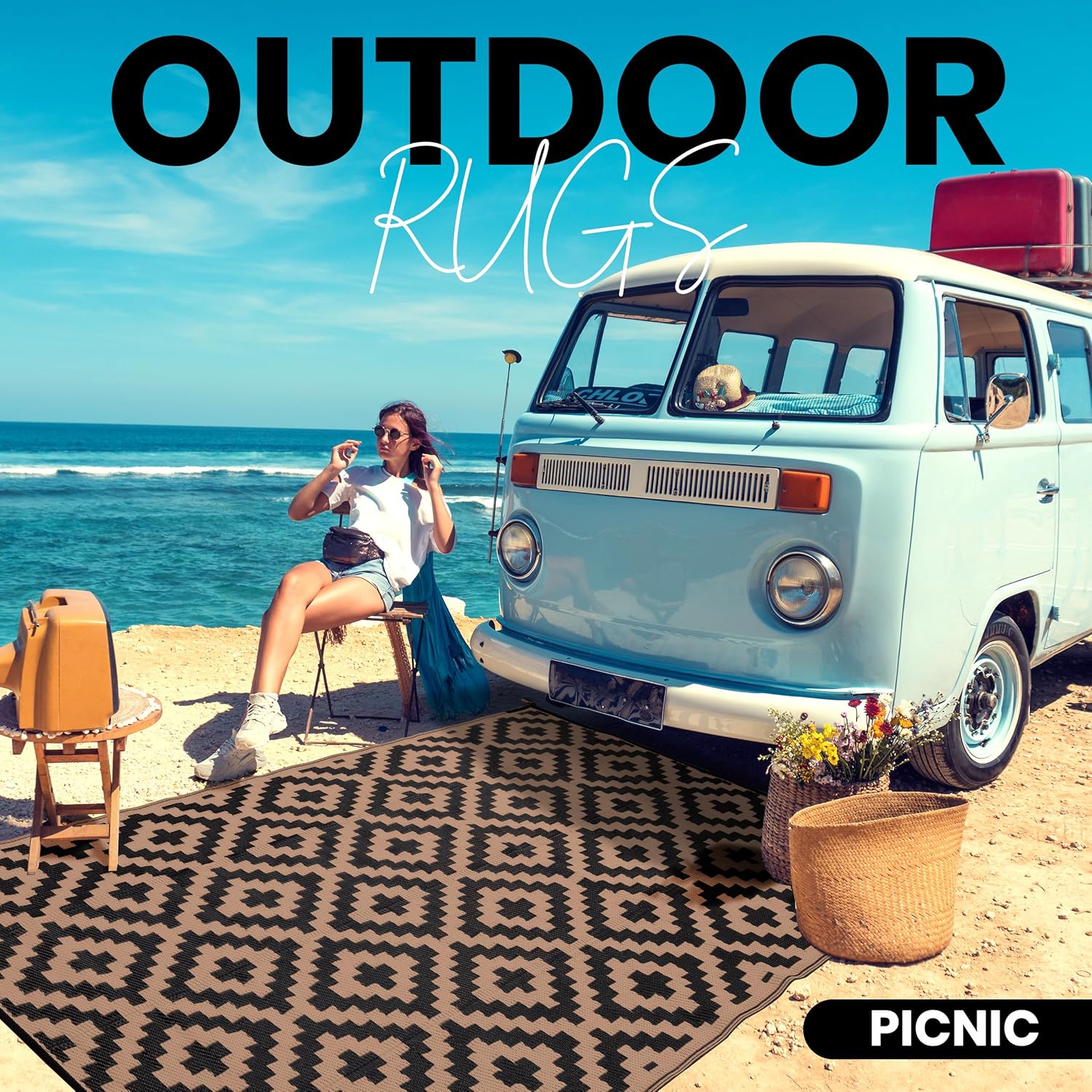 Utopia Home Waterproof Outdoor Rug for Patio 6 x 9 ft, Reversible Plastic Straw Mat for Camping, Picnics, Balcony, Patio, Diamond - Black & Brown