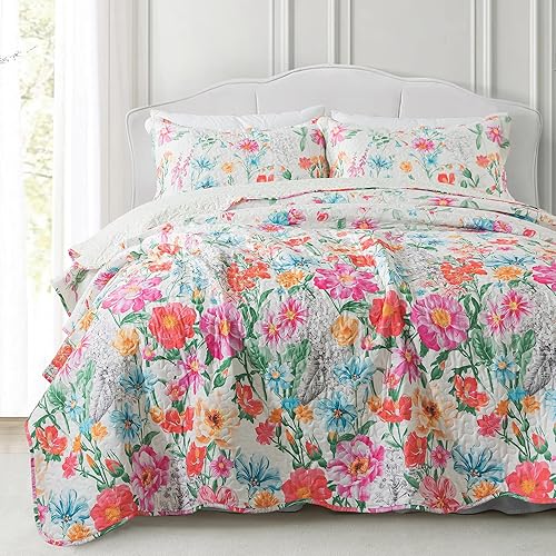 Vista 240 de NEWLAKE Juego de colcha de algodón, juego de colcha reversible de retazos, estampado real clásico turquesa, tamaño Queen Turquesa Clásico