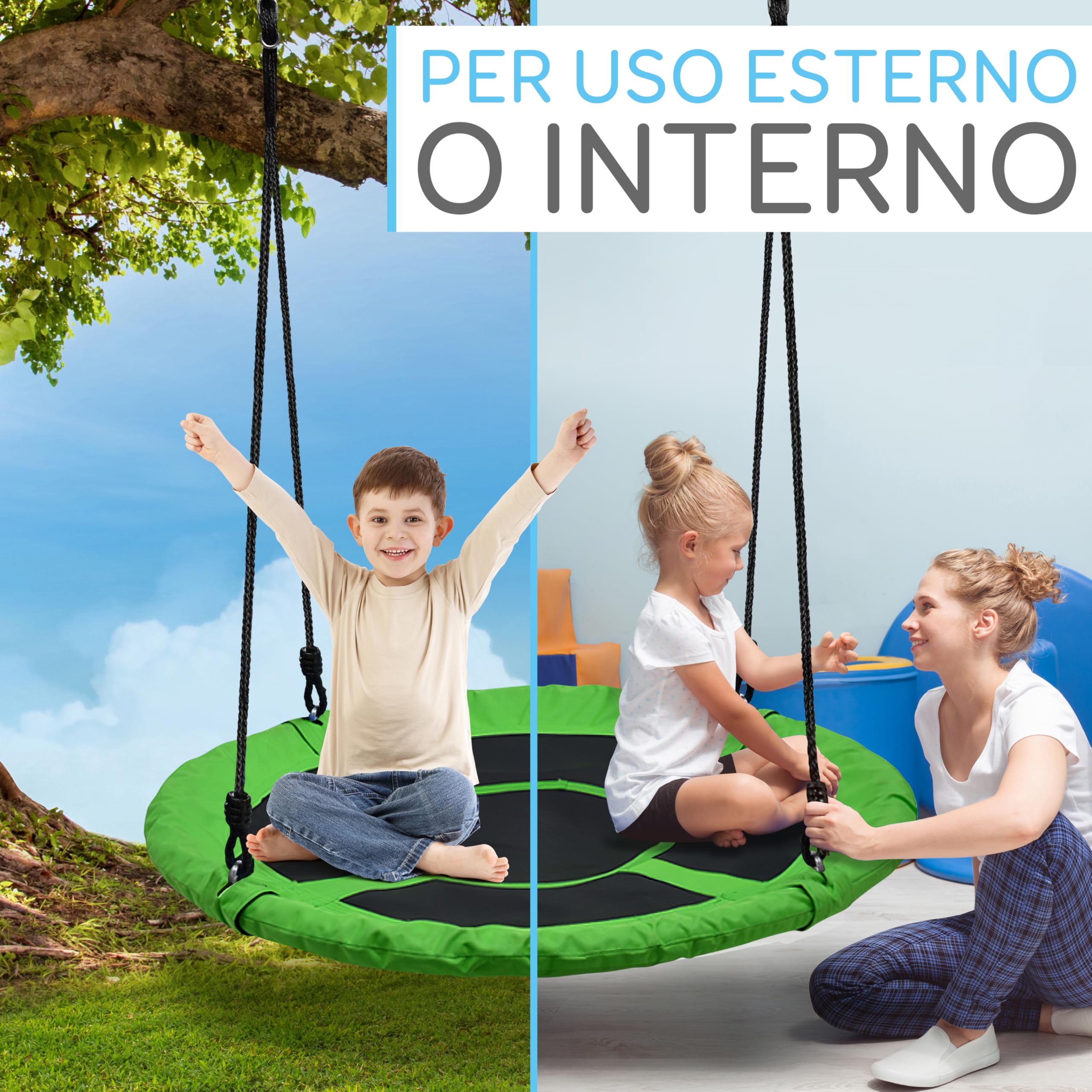 SereneLife Altalena da Giardino per Bambini Rotonda 102 cm con Kit di Fissaggio, Corde Regolabili e Altalena Girevole Centrale per Uso Esterno