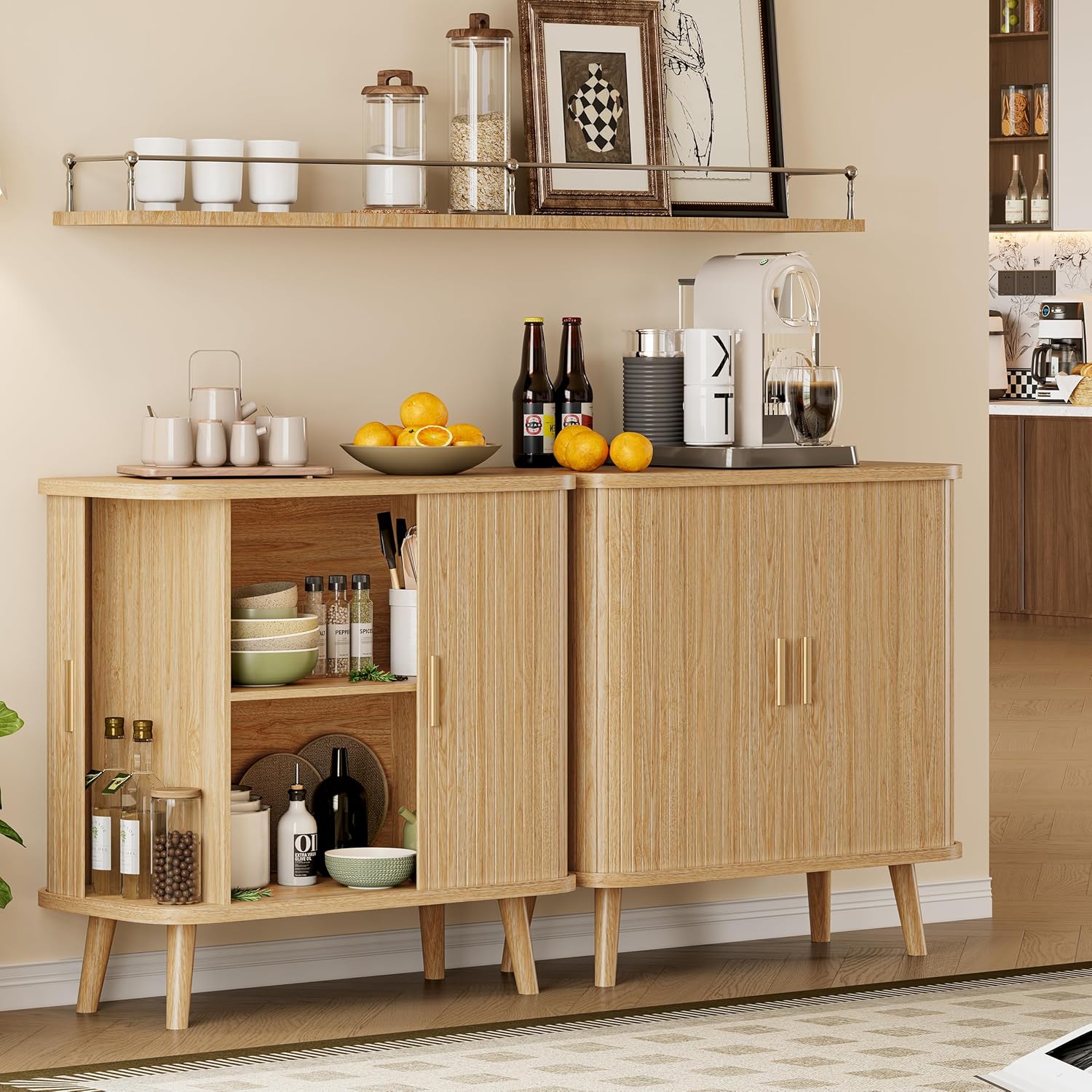 Xixini Sideboard Buffet Cabinet with Sliding Door, 31.5" Wide Fluted Modern Accent Cabinet with Adjustable Shelves, Wood Coffee Bar Buffet Console Table for Kitchen, Dining Room, Living Room, Oak