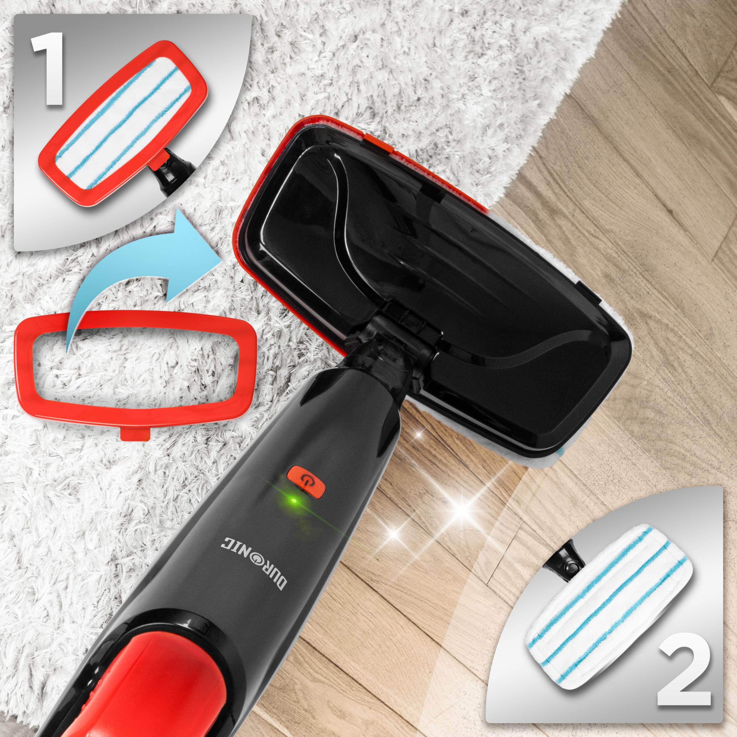 Duronic STM15 BK Balai nettoyeur vapeur de 1500W Réservoir de 500 ml Température maximale de 100°C Nettoyage sol dur carrelage tapis Nettoie sans produits chimiques