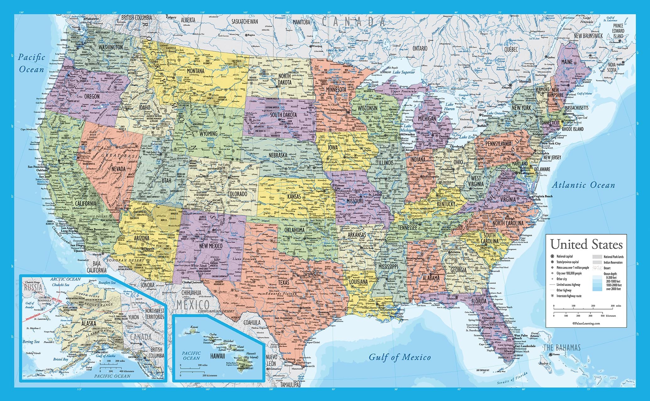 Laminated United States Map Poster - US Map Wall Chart - Made in the USA - [Light Blue]