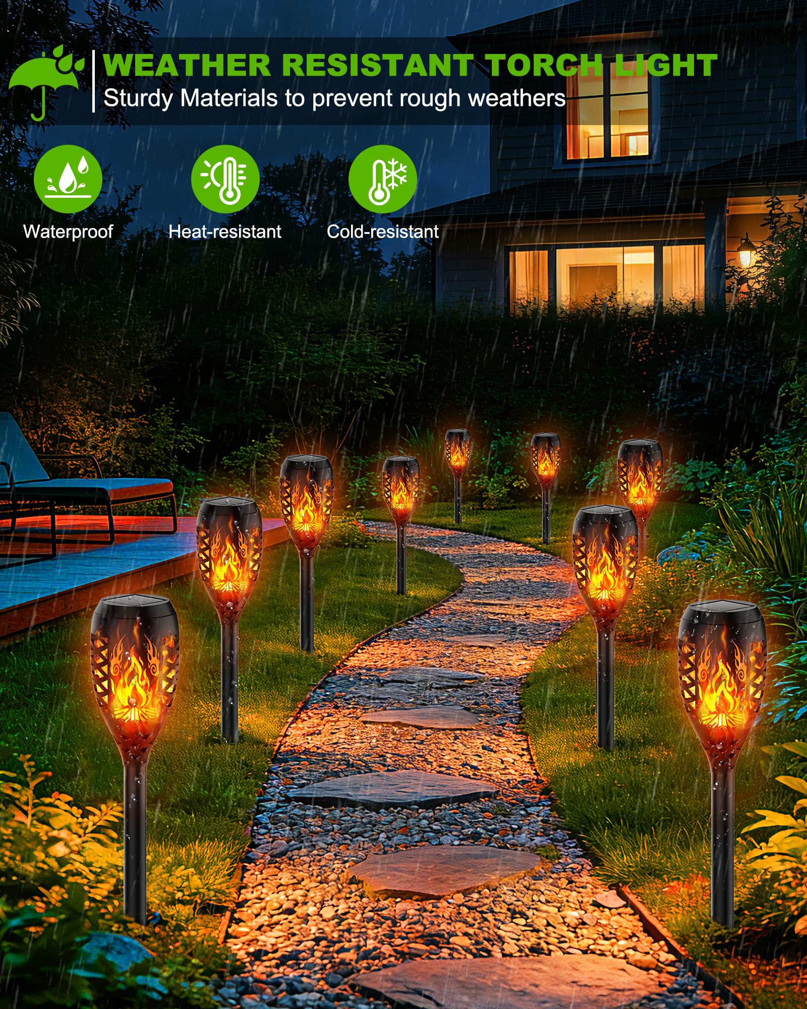 Lampes Solaires de Jardin pour Extérieur, [10 Pièces] Design Feu de Camp, Torches Solaires IP44 Étanches, Lampe Solaire pour Jardin, Allées, Cours, Pelouse