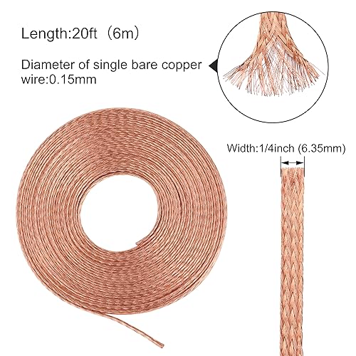 Miniatura 2 de Cable trenzado de cobre plano de 20 pies, correa de tierra de cobre trenzada de 14 pulgadas, malla de alambre de blindaje espiral flexible desnudo