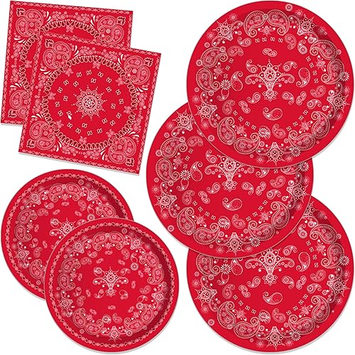 Bandana roja para cumpleaños, platos de papel, servilletas, pañuelos rojos, estampado de cachemira, juego de vajilla desechable, suministros para