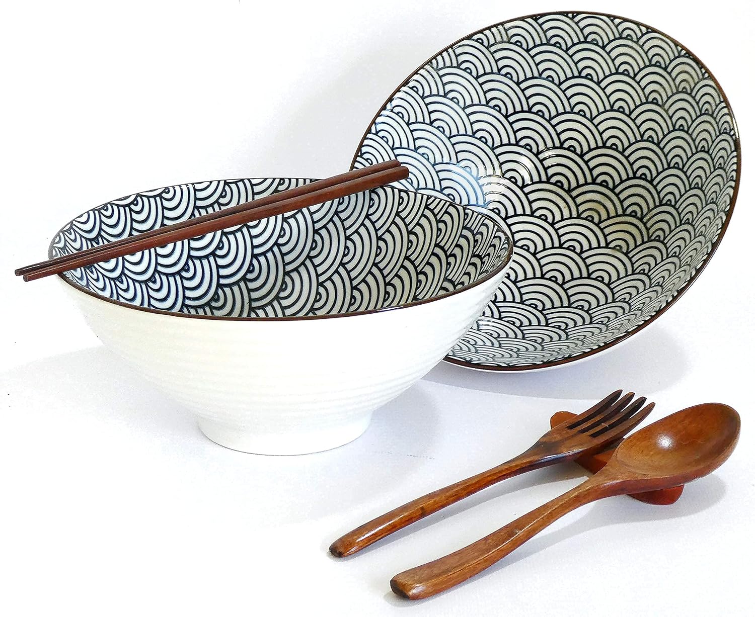 10 Pieces, Premium Ceramic Large Ramen Bowls Set: 2 White Waves Pattern 37oz Noodles Bowl. Asian Chinese Japanese or Pho Soup. Includes: Wood Fork, Spoon, Chopsticks and Stands By Vallenwood.