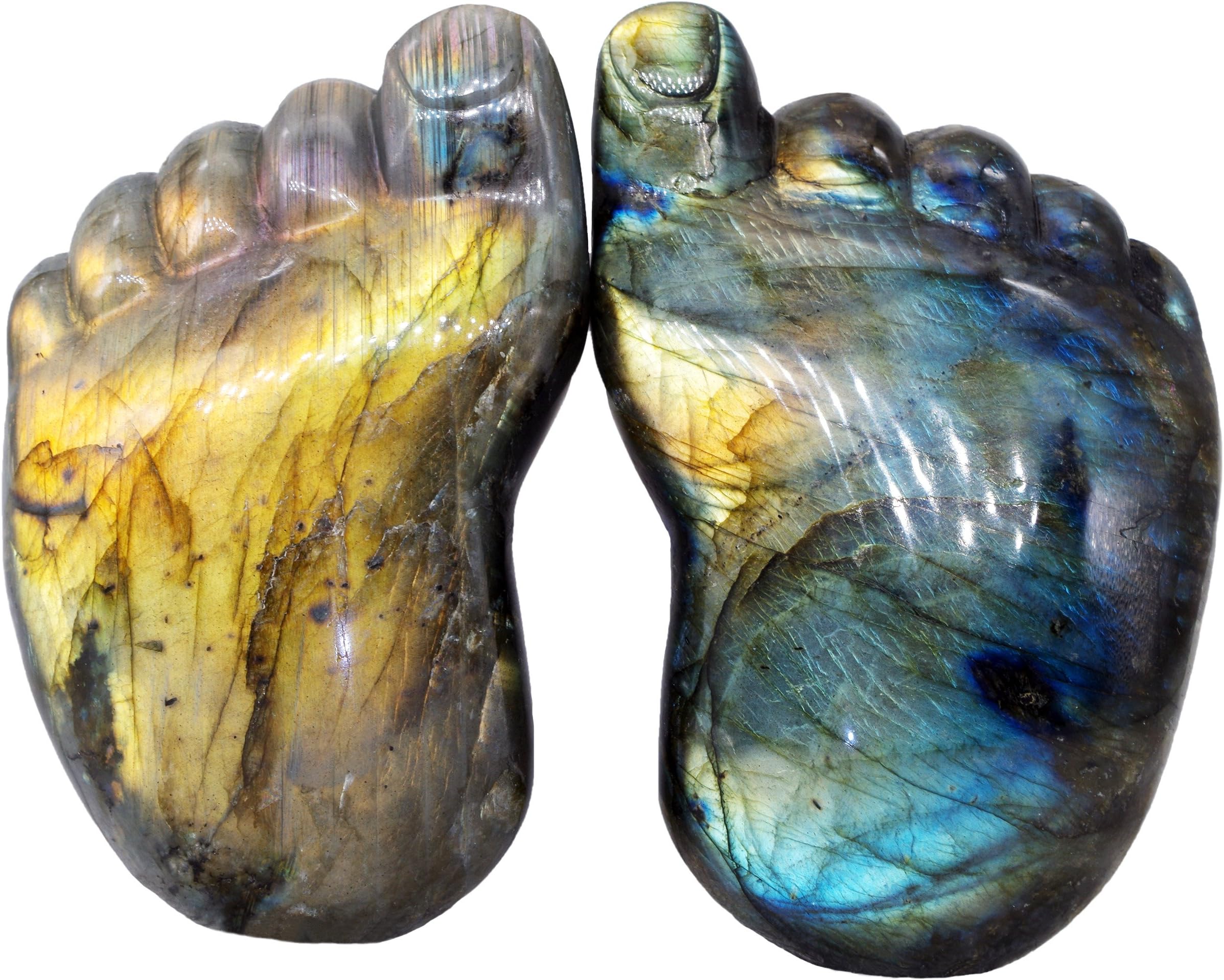 NATURSTON Stone Handmade Crystal Style Carving Foot Statue Natural Labradorite Carved Body Sculpture Artwork (Pair-Blue+Gold-11.8cm)