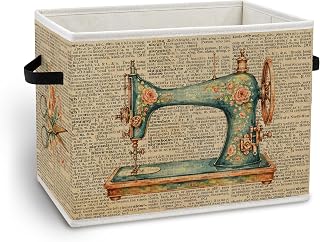 Vintage Sewing Storage Bin Box with Handles | Retro Quilting Sewer Machine Scissor Foldable Organizer Basket for Sewing Craft Room Studio Home Clothes Toys Books