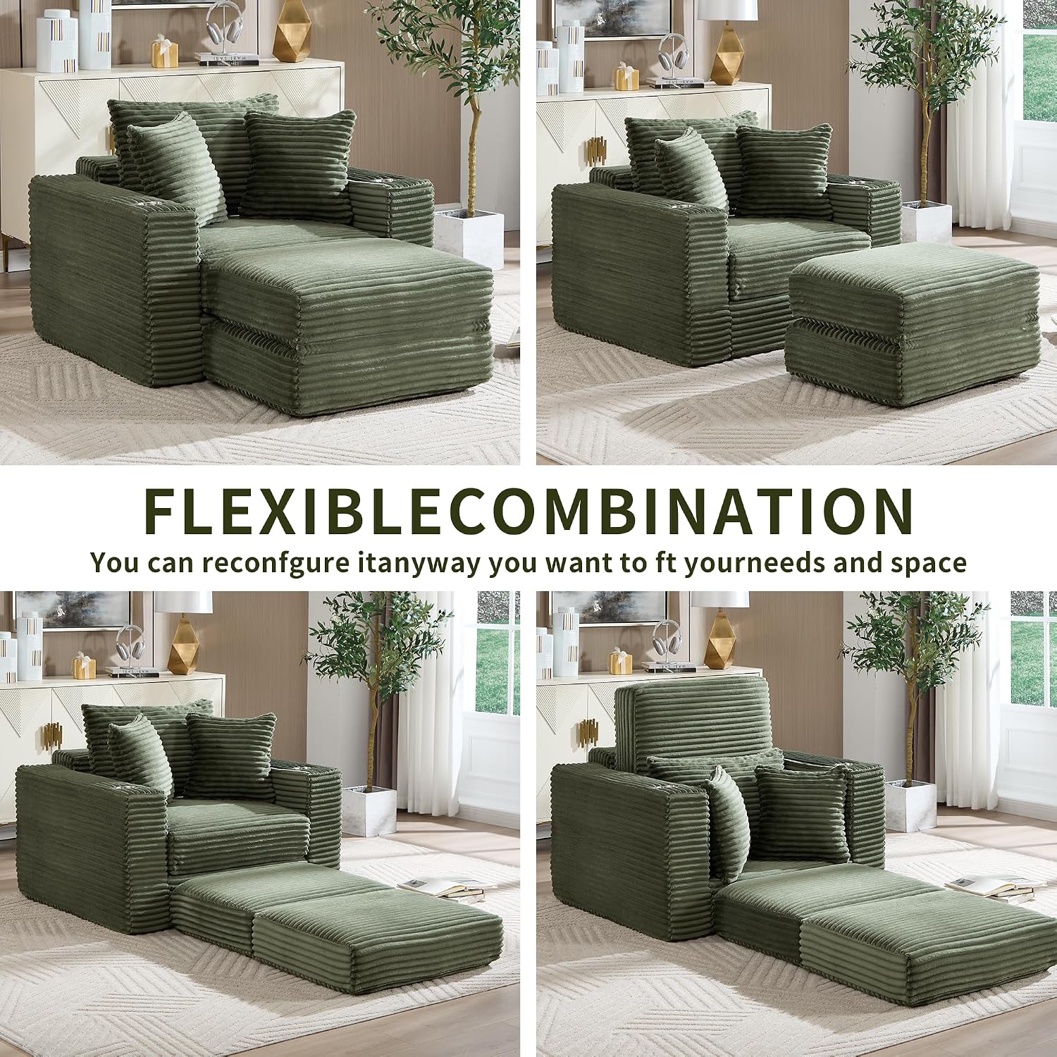 Boneless Chaise Lounge Chair Indoor, All-Foam Convertible Lounge Chair with No Frame, Wide Reclining Floor Lounger for Reading, Napping & Relaxation, No Assembly Needed (Green)
