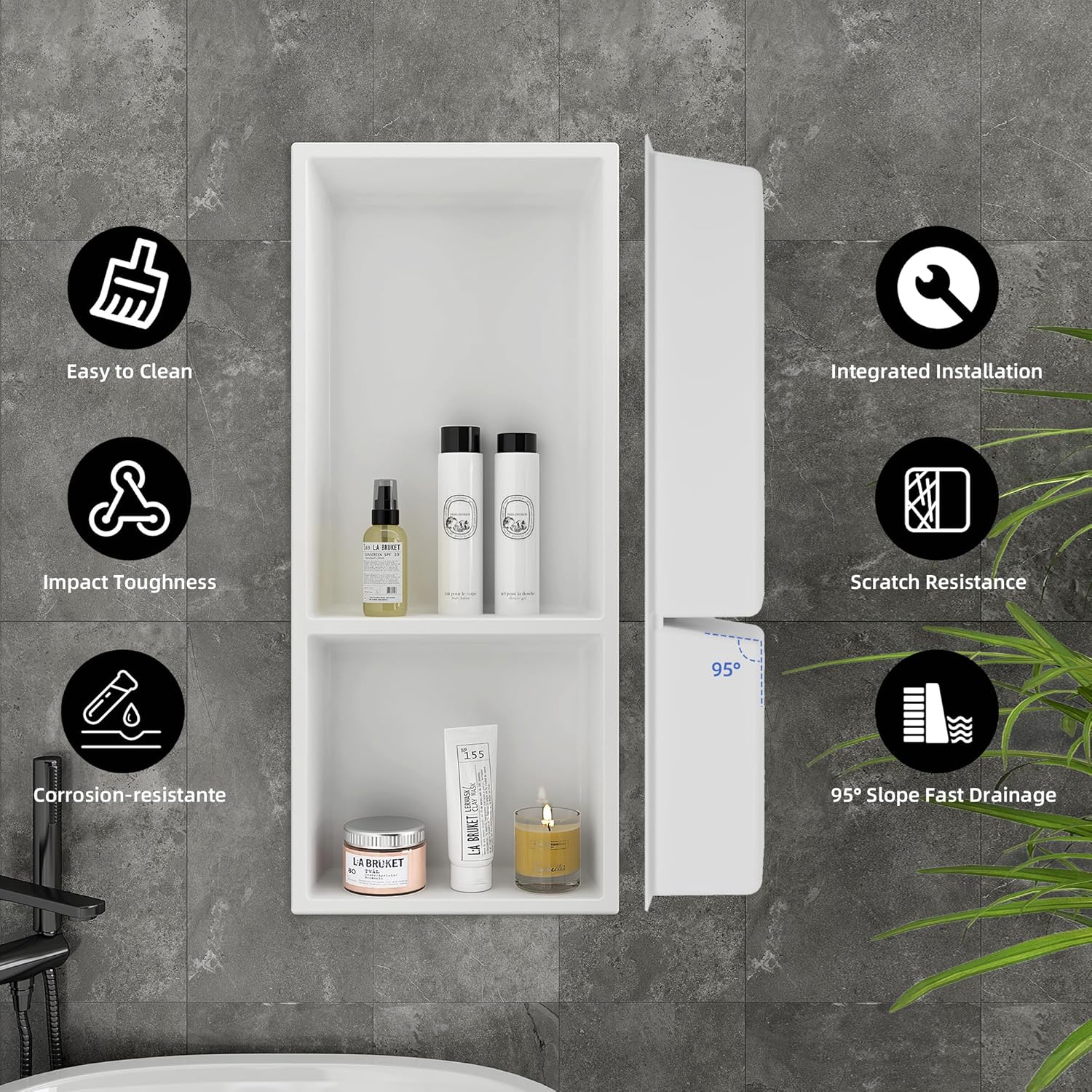 Shower Niche No Tile Needed, 12.2"x28.7"x3.8", Vertical Double Recessed Wall Niche, Bathroom Wall Niche Inserts, SMC Shower Shelf (White)