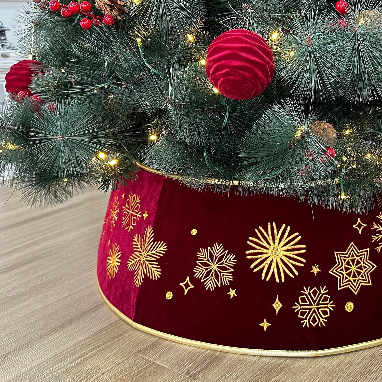 28-Inch Velvet Burgundy Christmas Tree Collar with Embroidered Snowflakes, Foldable Tree Ring Base Cover for 5–7 ft Trees