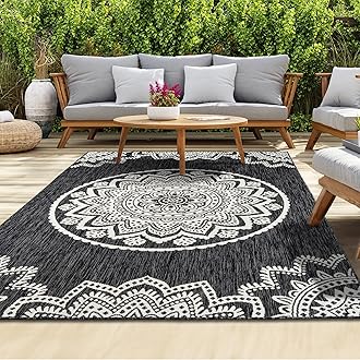 homeart Outdoor Rug - Easy-Clean, Durable, Stain-Resistant, Weather & UV Resistant Indoor & Outdoor Rugs for Porch, Deck, Balcony, Garden, Picnic and Patio | Mandala Black, Cream - 80x150cm