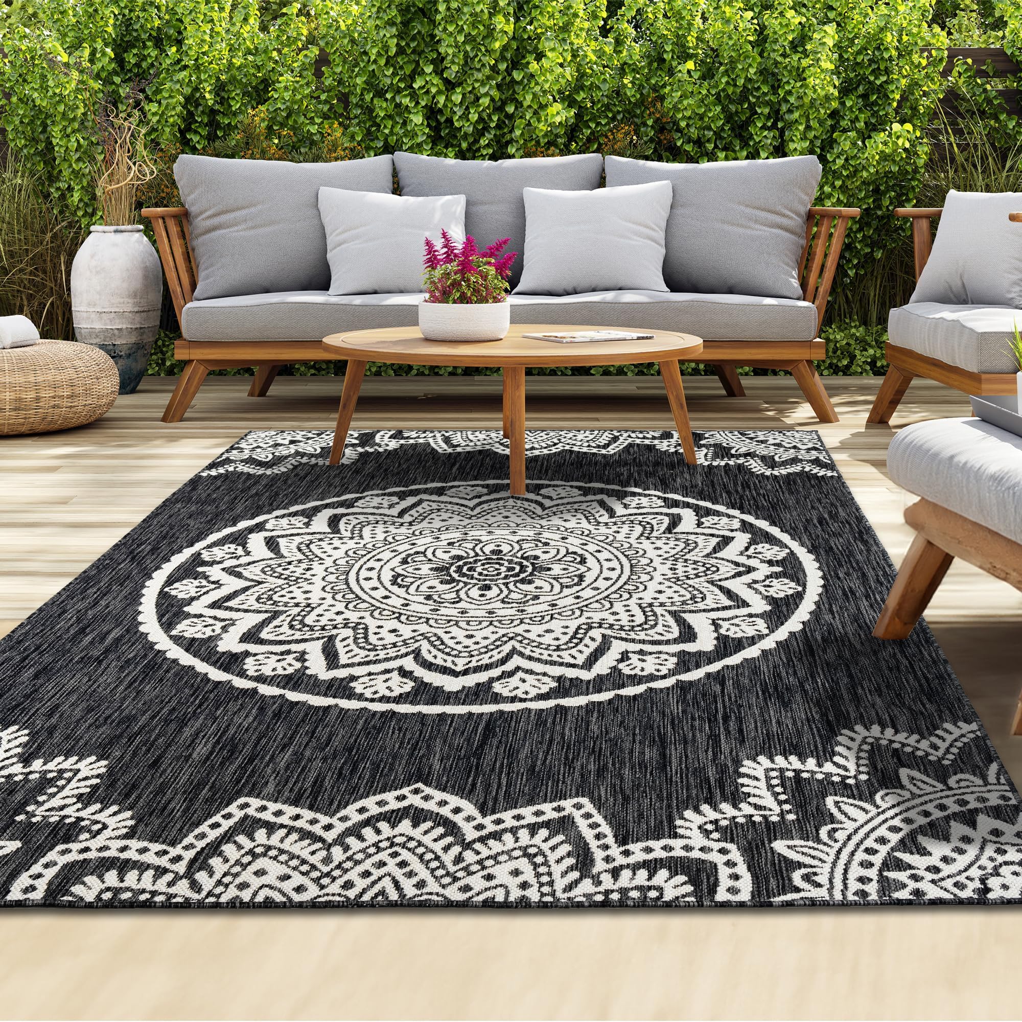 homeart Outdoor Rug - Easy-Clean, Durable, Stain-Resistant, Weather & UV Resistant Indoor & Outdoor Rugs for Porch, Deck, Balcony, Garden, Picnic and Patio | Mandala Black, Cream - 80x150cm