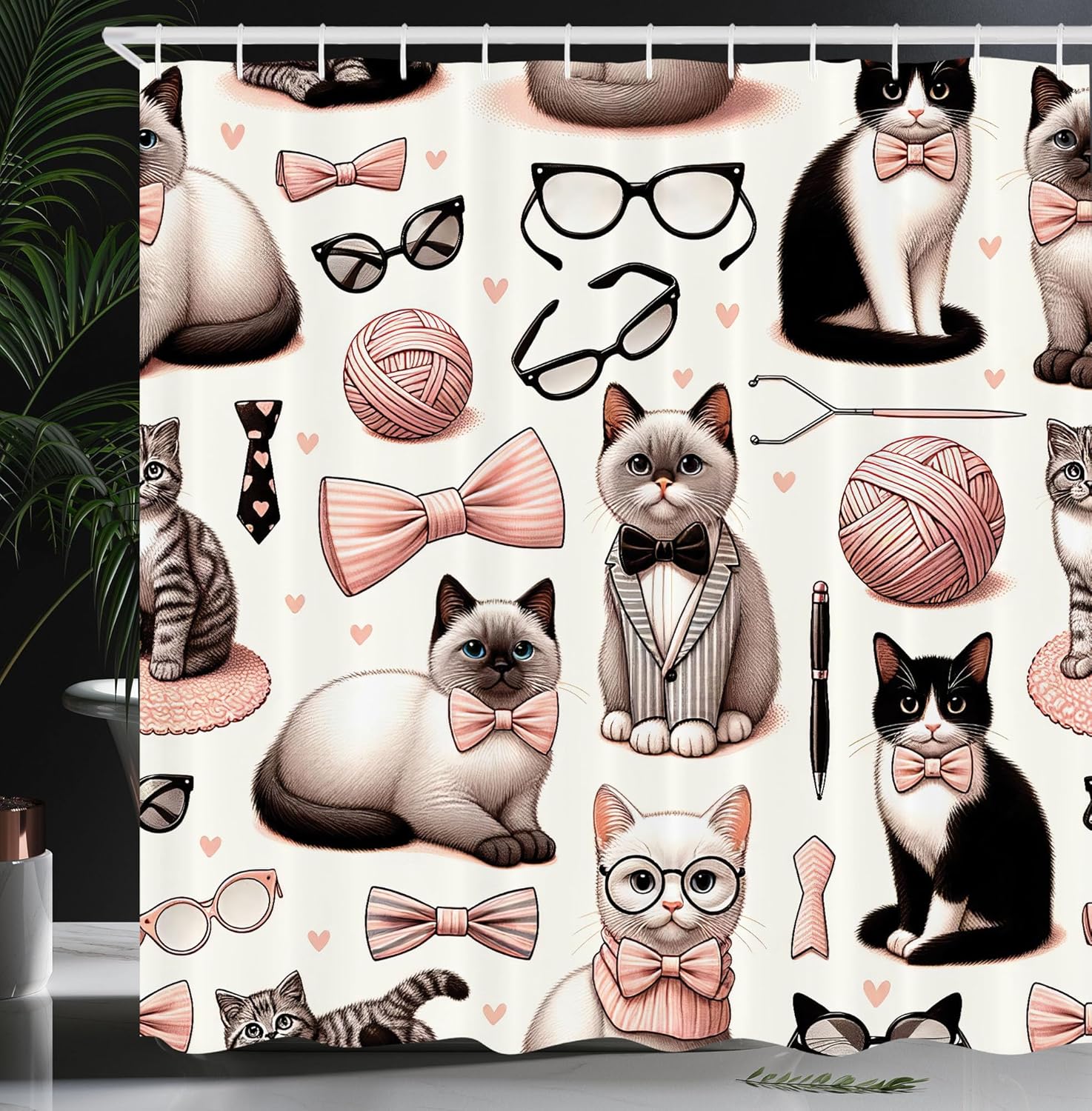 Ambesonne Cat Shower Curtain, Pattern of Funny Nerd Kitties with Glasses and Bowties Pastel Illustration, Cloth Fabric Bathroom Decor Set with Hooks, 69" W x 84" L, Pale Pink Dark Taupe