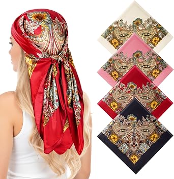 Pistha 4 Pcs Head Scarf Bandana for Women, Satin Scarf for Hair Large Square Silk Bandana Headscarf for Women and Men 35 Inch