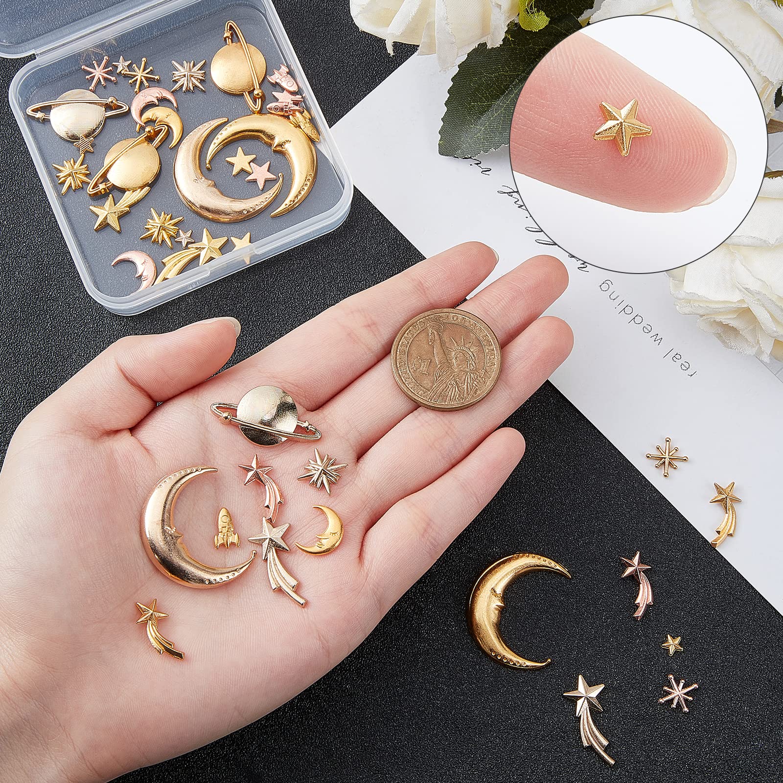 EXCEART 3 Scatole Di Riempitivi In Lega A Tema Spazio - Luna, Stelle, Pianeti - Per Resina, Gioielli Fai Da Te, Nail Art