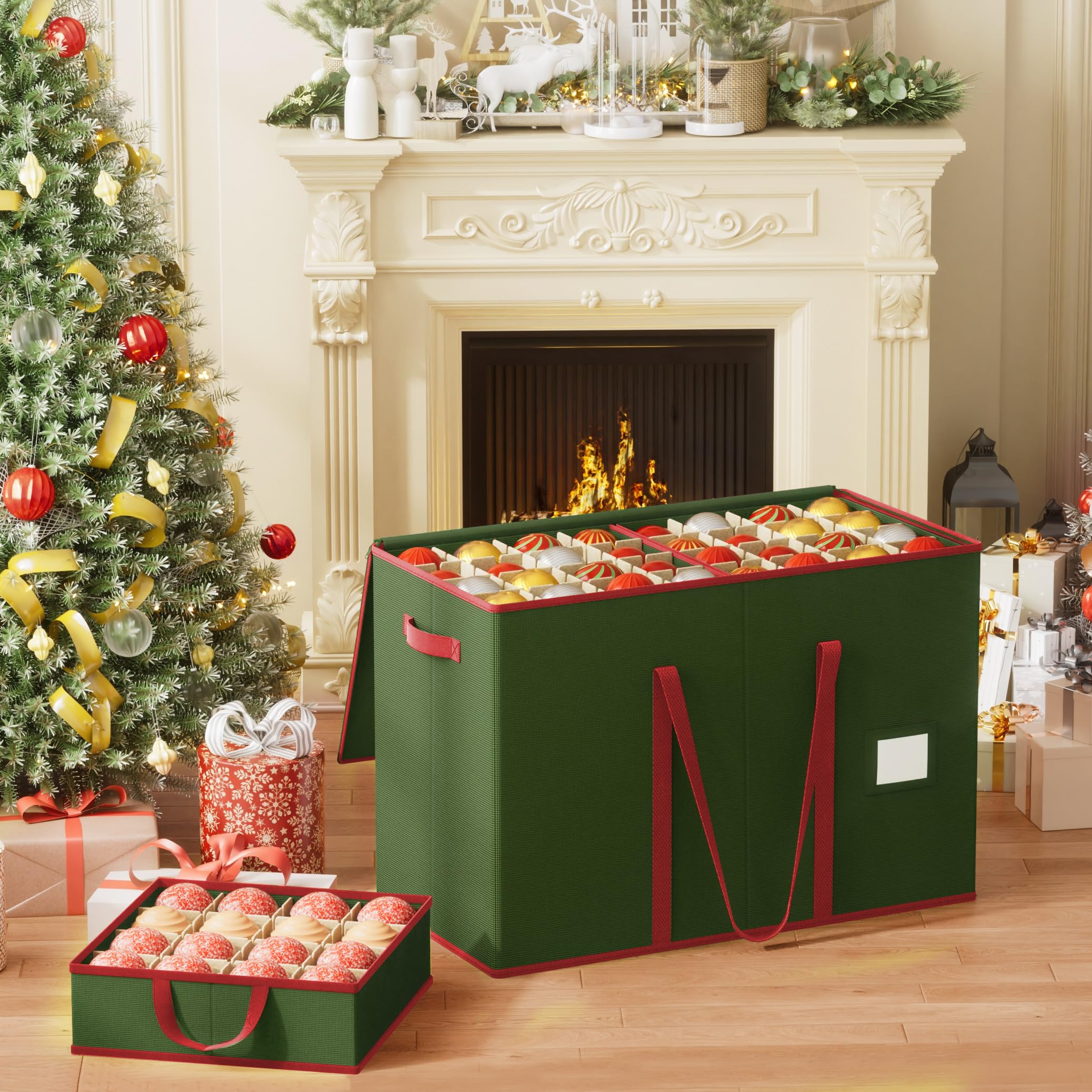 Contenitore per Palline di Natale, 160 Scomparti da 7,6cm, Scatola Impilabile Decorazioni Natalizie con Coperchio, 600D Oxford, 64 x 32 x 43,5 cm，Verde
