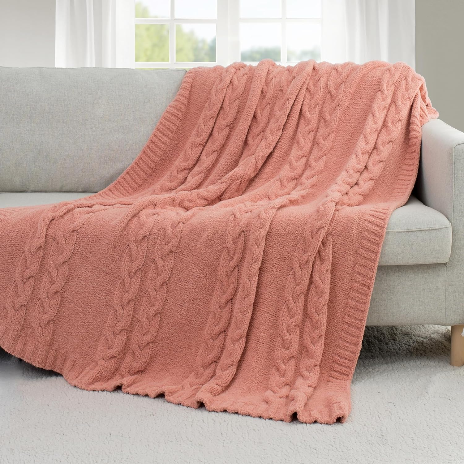 Chunky Knit Blanket Super Soft Cable Fluffy Microfiber Cozy Warm Winter Blankets for Couch Sofa Bed Twin Size 60"X80" Pink