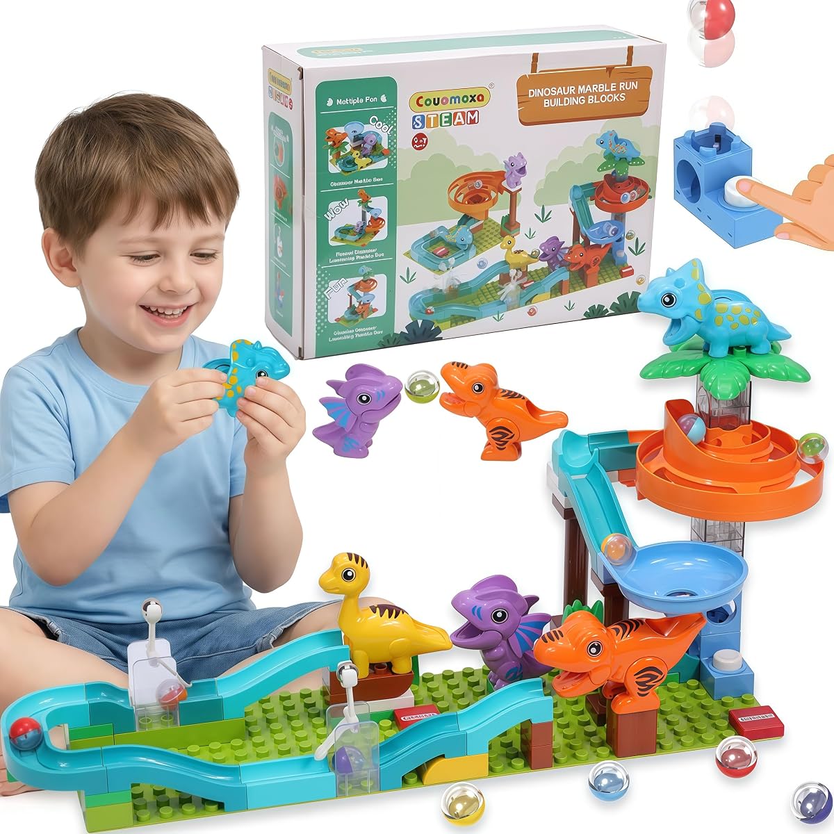 COUOMOXA 5-in-1 Dinosaur Marble Run Set, Dinosaur Design STEM Toy | Prehistoric Adventure Marble Maze Race Track for Kids Ages 3-5 4-8, Creative Dino Birthday Gift