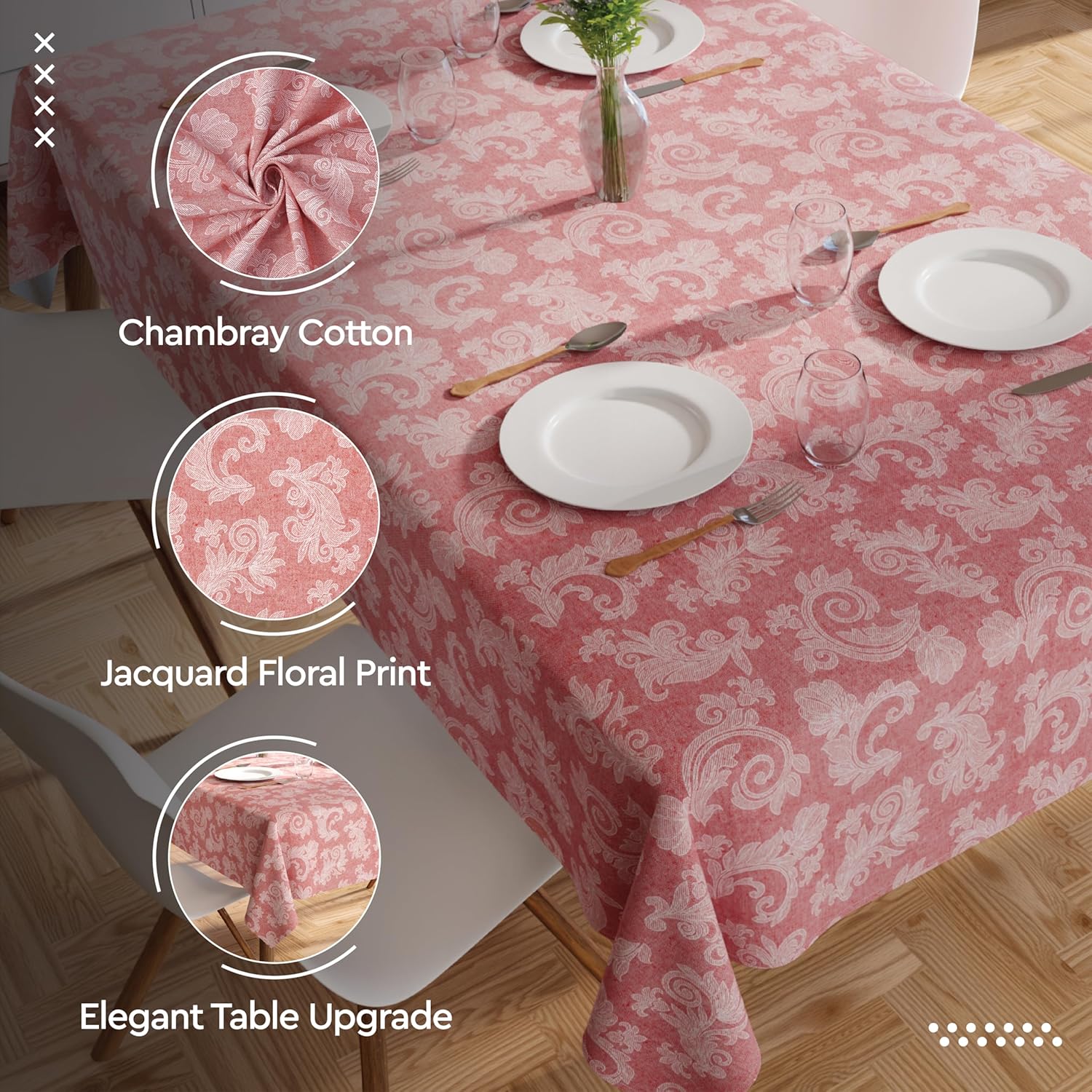 Encasa XO 8 to 10 Seater Dining Table Cloth 145x300 cm (57x118 in) I Floral Red Jacquard Style Print on Chambray Homespun Cotton I for Family Gatherings, Parties I Washable