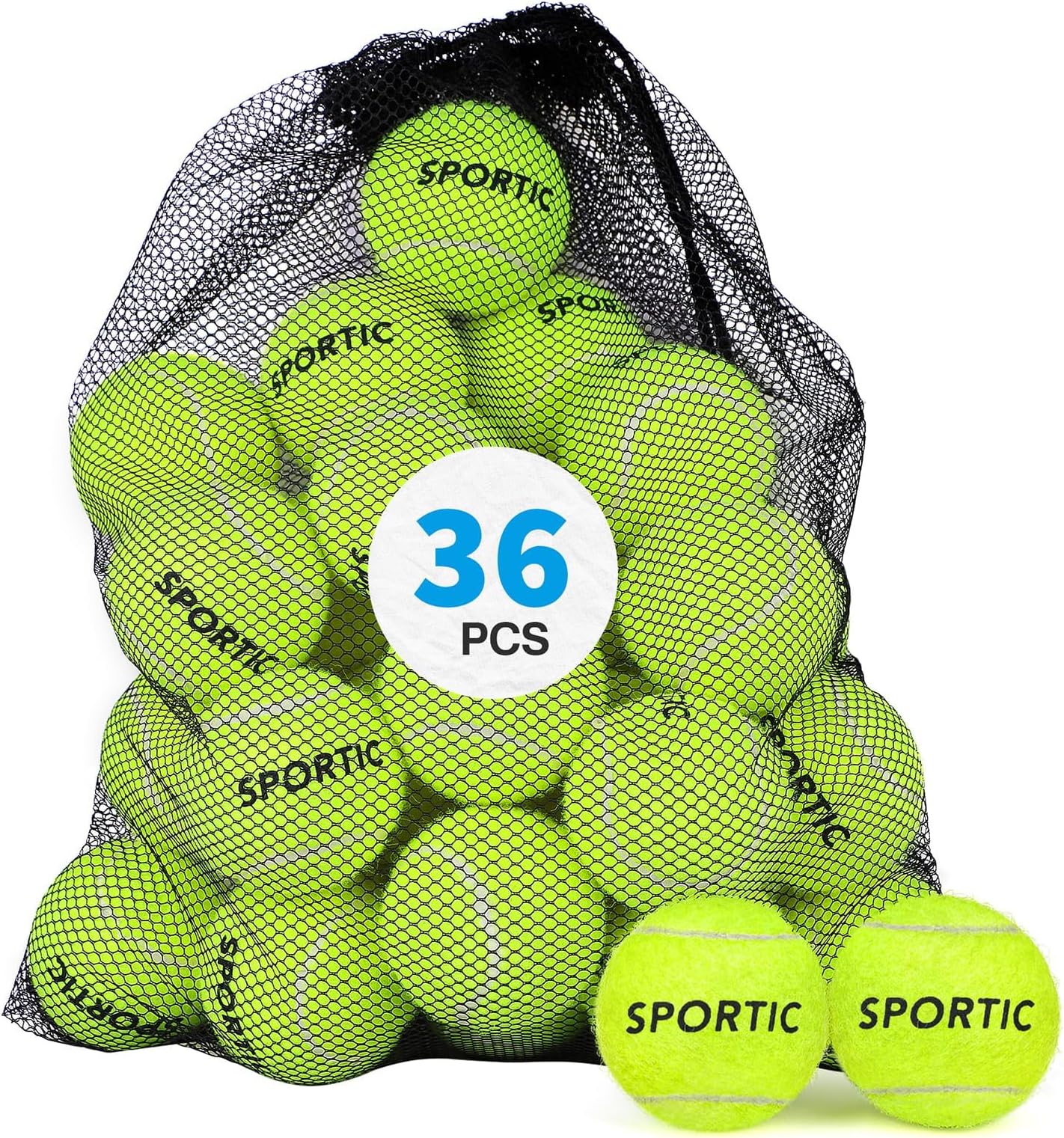 SPORTIC Tennis Balls, Duty Felt Pressurized Tennis Ball with Mesh Bag for 12PC or 36PC -High Bounce Training Exercise Tennis Balls for Beginners & Pet Dog Playing Balls, 3/4/12/36 PCS