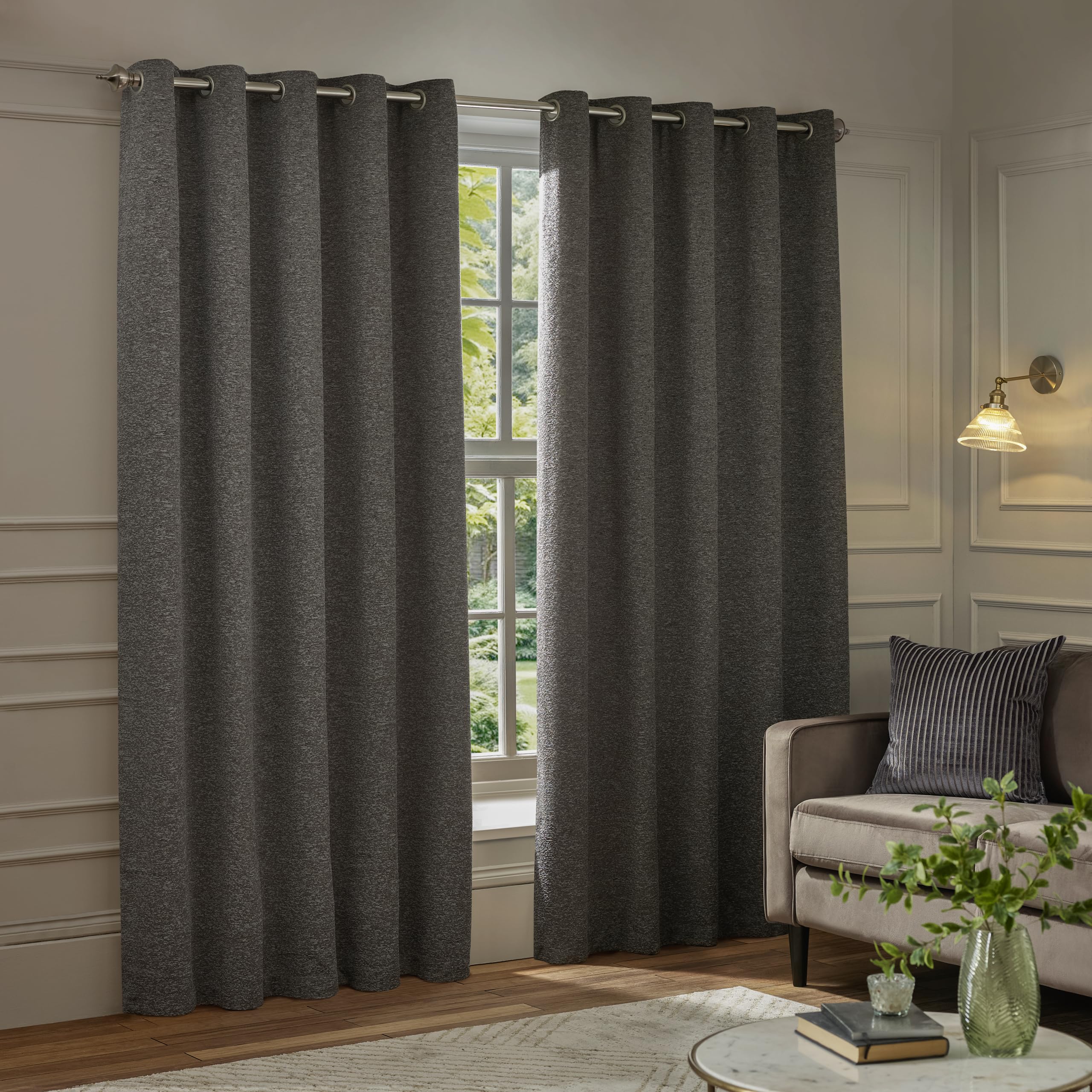 Paoletti Galaxy Eyelet Curtain Pair – Lined Room Darkening Luxury Opulent Chenille Curtains (Charcoal - 117x137cm)