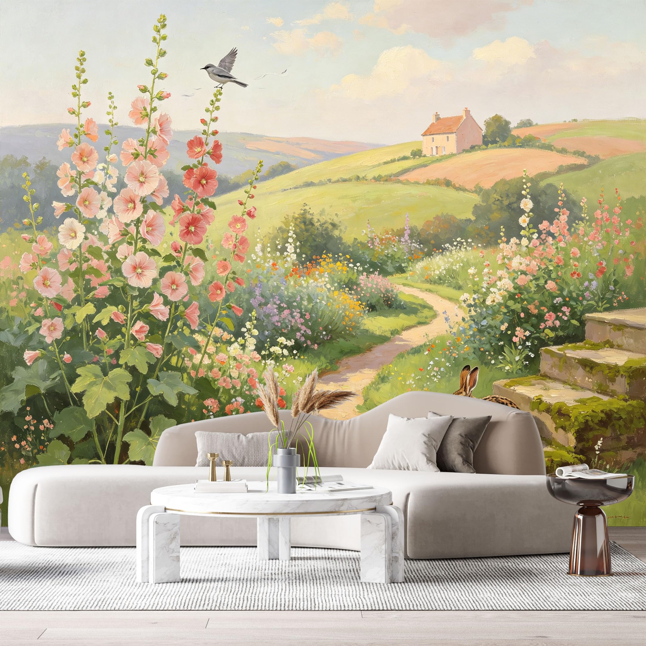 Custom Size Wall Murals Farmhouse American Country Oil Painting Wildflower Meadow Cottage Path SelfAdhesive Wall Fabric Removable Large Wallpaper for Photo Living Room