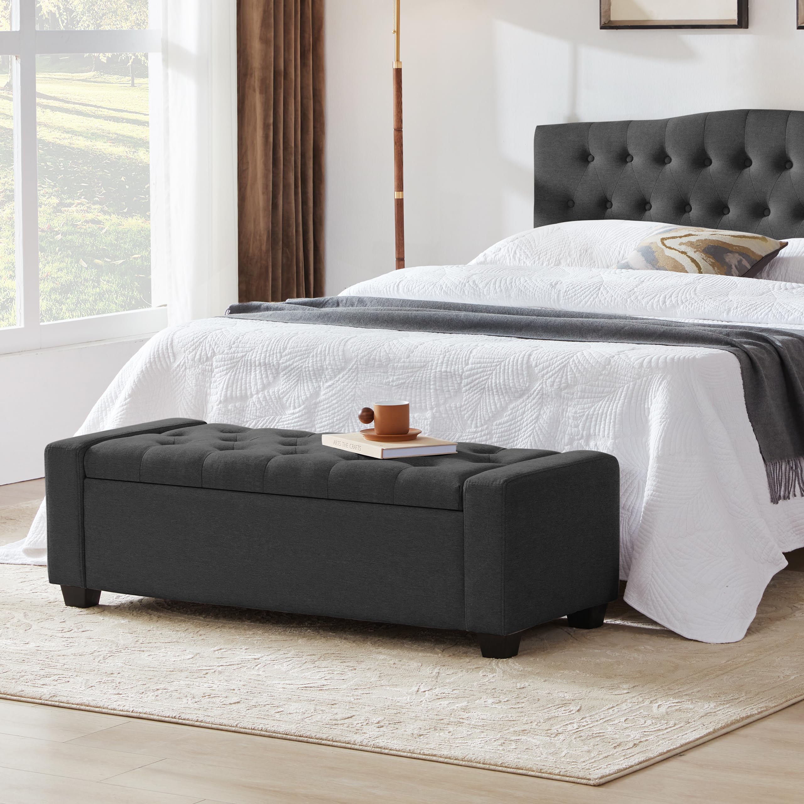 HOWJOE Sitzbank Mit Stauraum, Sitzhocker Mit Stauraum Belastbar Bis 200 Kg, Sitztruhe Mit Stauraum, Aufbewahrungsbox -123*50*42cm, Sitzbox, Polsterhocker Für Wohnzimmer Schlafzimmer Flur, Dunkelgrau