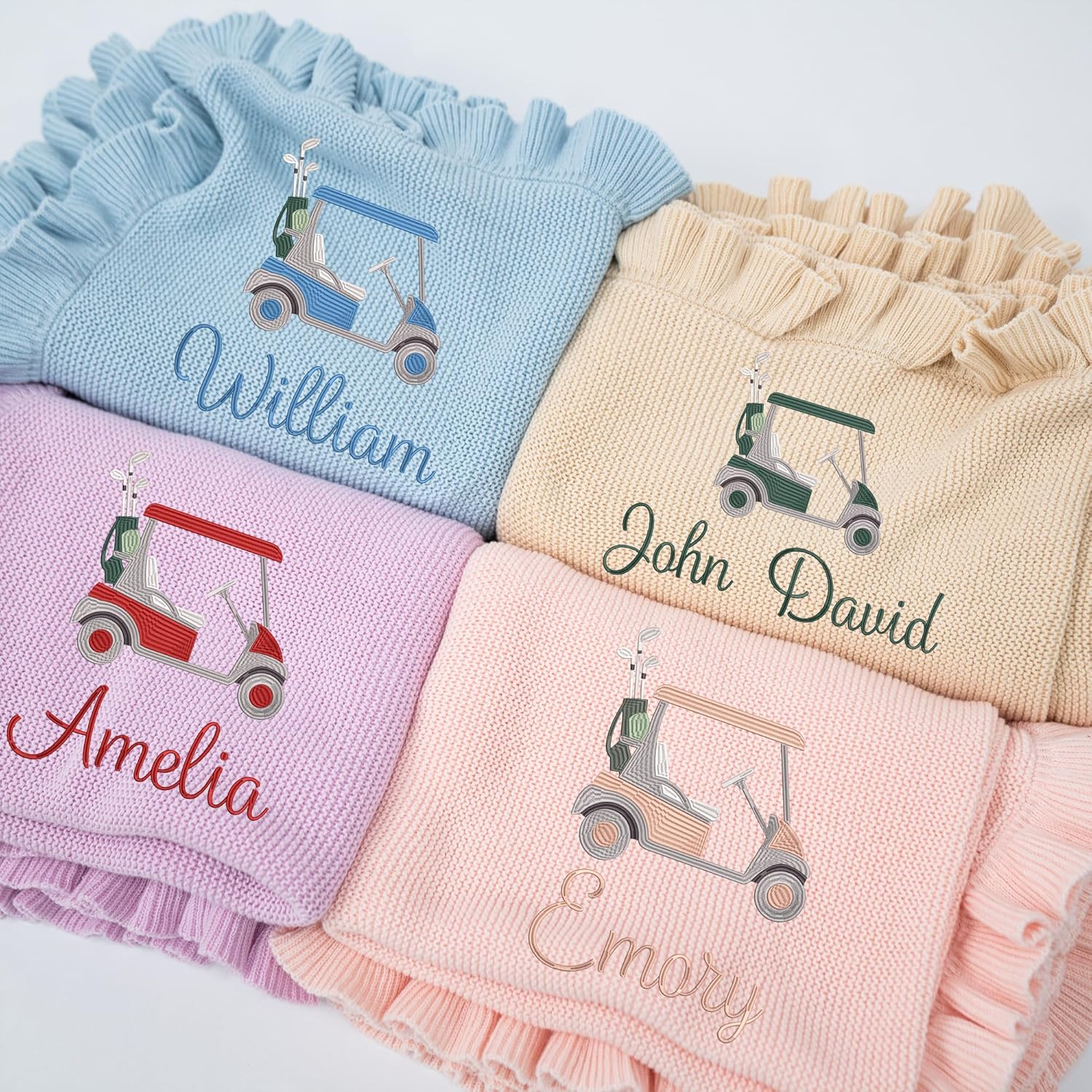 Personalized Ruffled Knit Baby Blanket, 30x40in Golf Cart Machine Embroidery – Custom Name Soft Cotton Throw for Newborns Toddlers, Baby Golf Blanket for Girls