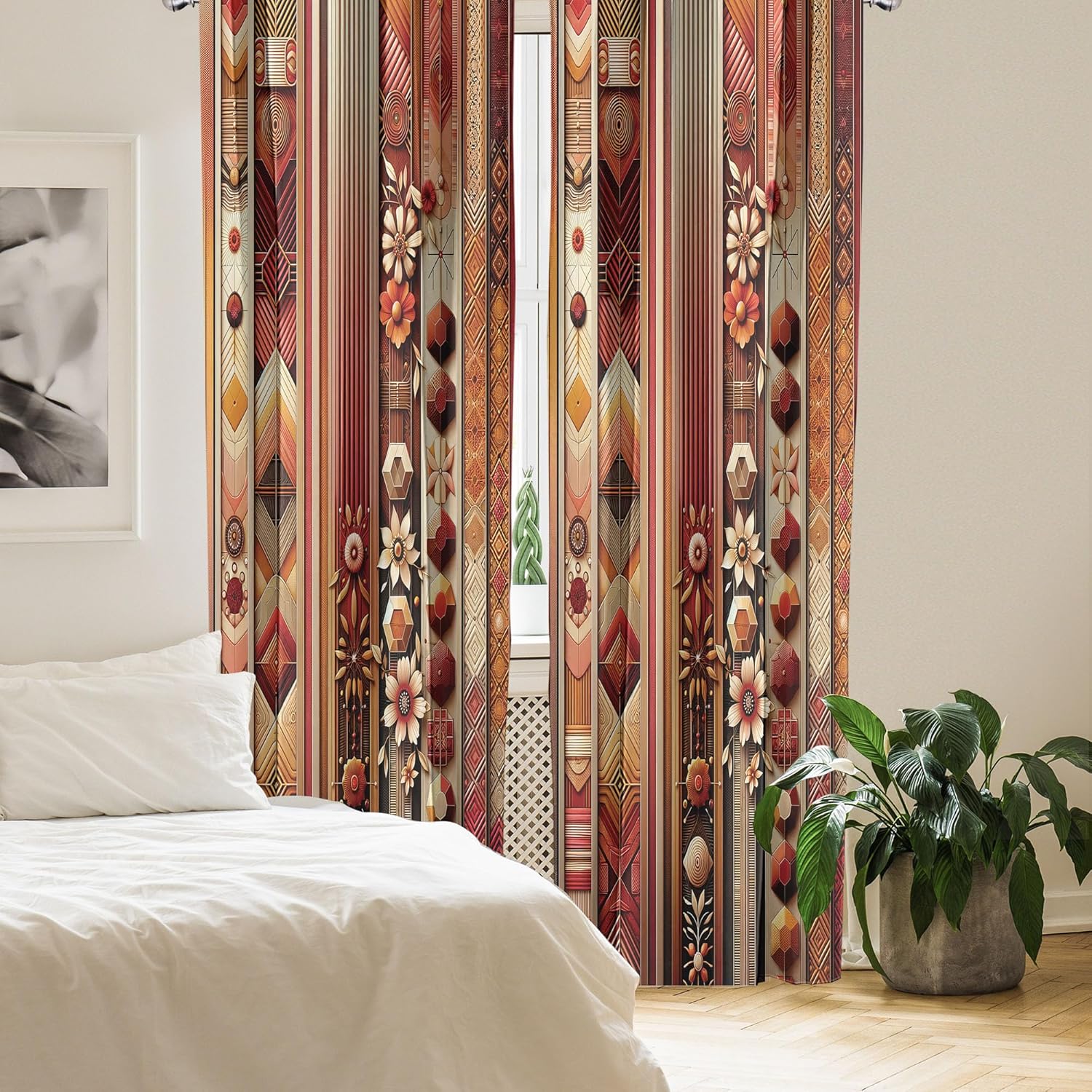 Ambesonne Bohemian Window Curtains Pack of 2, Ethnic Stripes Flowers and Zigzag Geometric Shapes in Warm Colors, Lightweight Set with Rod Pocket, 4 Panels of - 28" x 63", Dark Coral and Burnt Orange