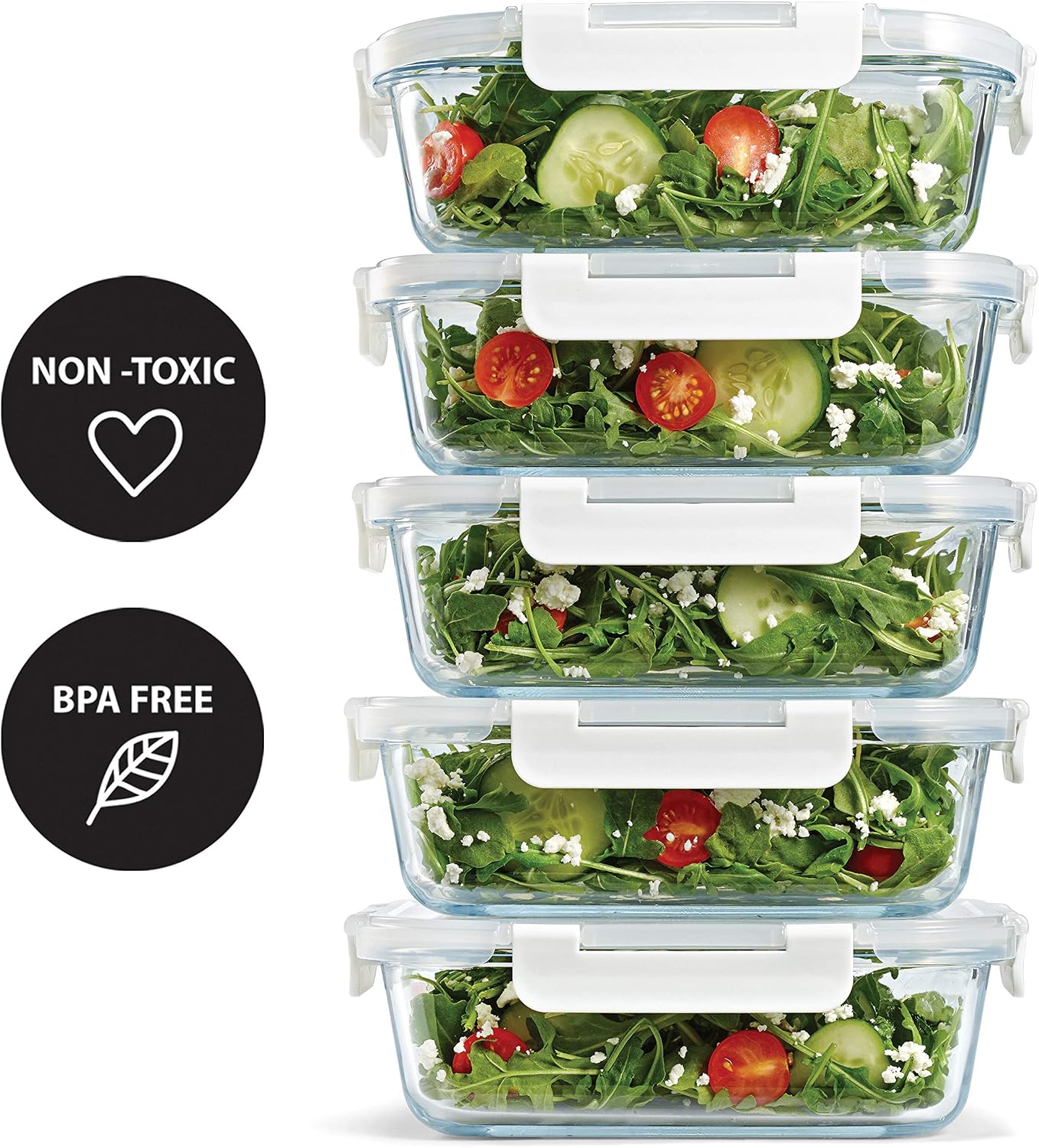 Fit & Fresh Glass Containers, Set of 5 Containers with Locking Lids, Meal Prep, 5-Pack, Glass Storage Containers with Airtight Seal
