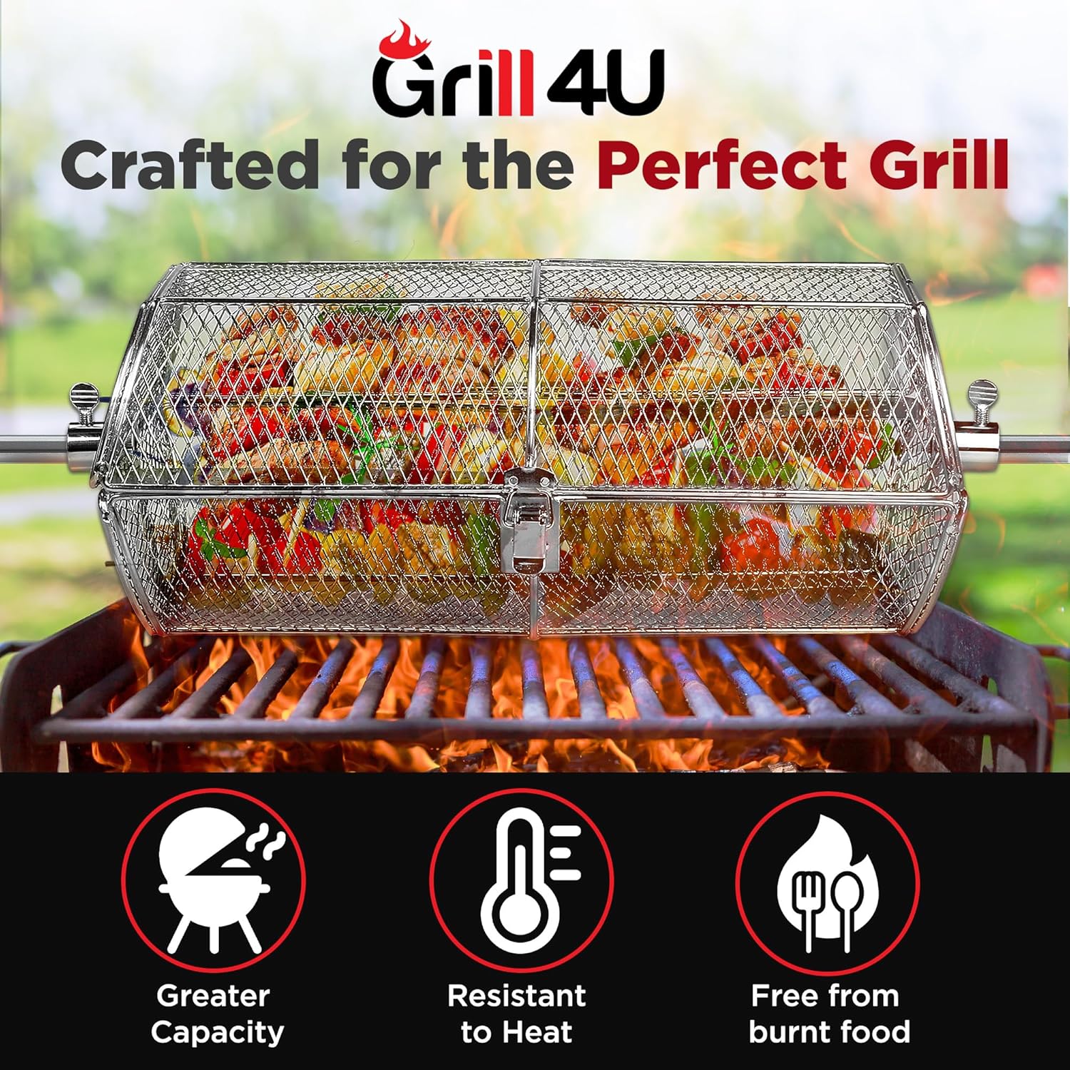 Rotisserie Basket for Outdoor Grill (15.4" x 6.8" x 6.4") - Heavy Duty Stainless Steel BBQ Basket with Reinforced Latch & Safety-Smooth Edges - Splits Apart for Easy Cleaning - Fits Most Grills