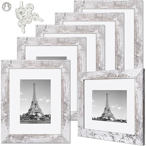 upsimples 8x10 Picture Frame Distressed White with Real Glass, Display Pictures 5x7 with Mat or 8x10 Without Mat, Multi Photo Frames Collage for Wall or Tabletop Display, Set of 6